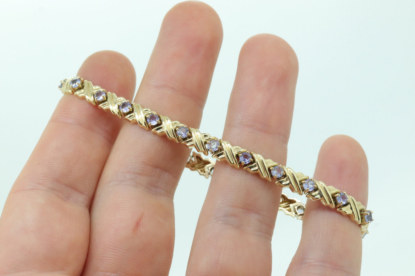 14k Tanzanite XOXO Bracelet. 14k Yellow Gold Kiss Hug Tanzanite Bracelet. 14k Tanzanite Tennis Bracelet. st(201)