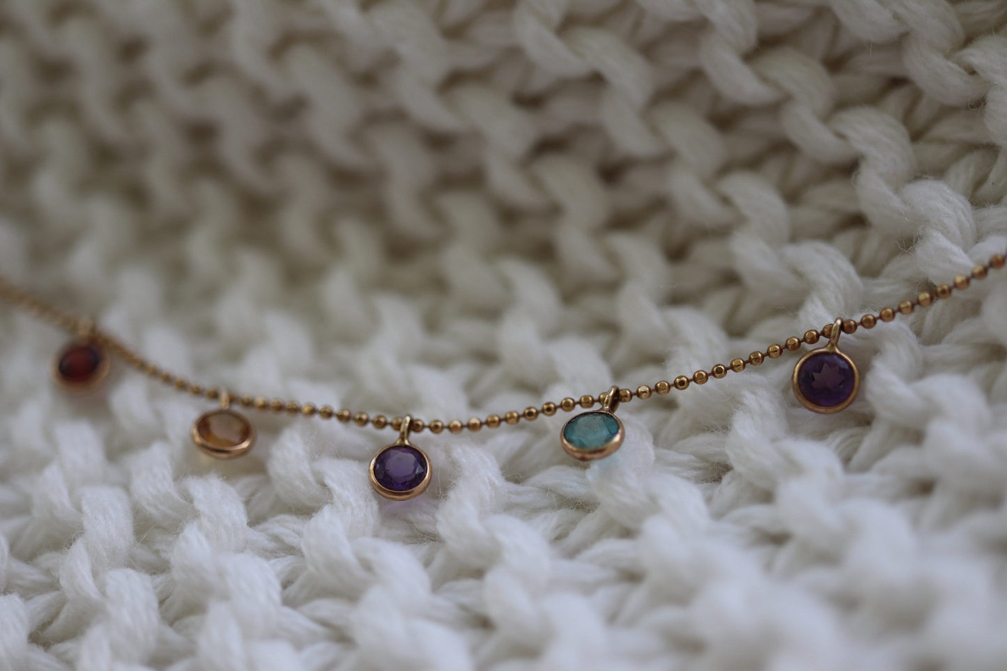 14k Bezel Gem Layered Necklace. Wonderful Dainty Dangling Candy Multi-Color Gem Necklace Chain. Topaz, Citrine, Garnet st(103/50)