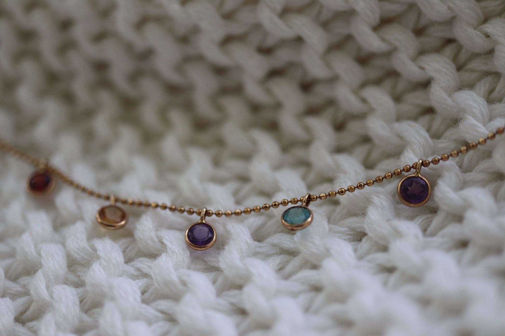 14k Bezel Gem Layered Necklace. Wonderful Dainty Dangling Candy Multi-Color Gem Necklace Chain. Topaz, Citrine, Garnet st(103/50)