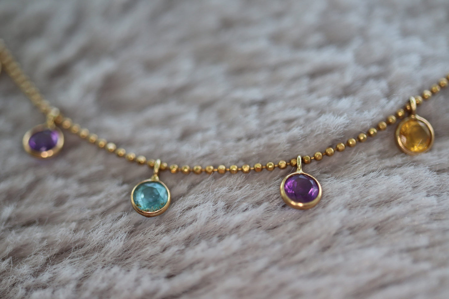 14k Bezel Gem Layered Necklace. Wonderful Dainty Dangling Candy Multi-Color Gem Necklace Chain. Topaz, Citrine, Garnet st(103/50)