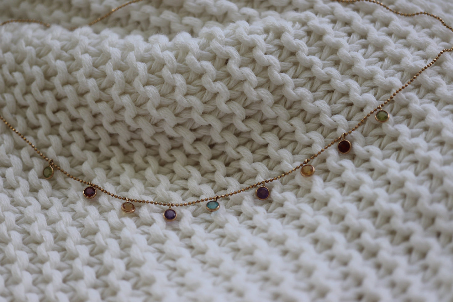 14k Bezel Gem Layered Necklace. Wonderful Dainty Dangling Candy Multi-Color Gem Necklace Chain. Topaz, Citrine, Garnet st(103/50)