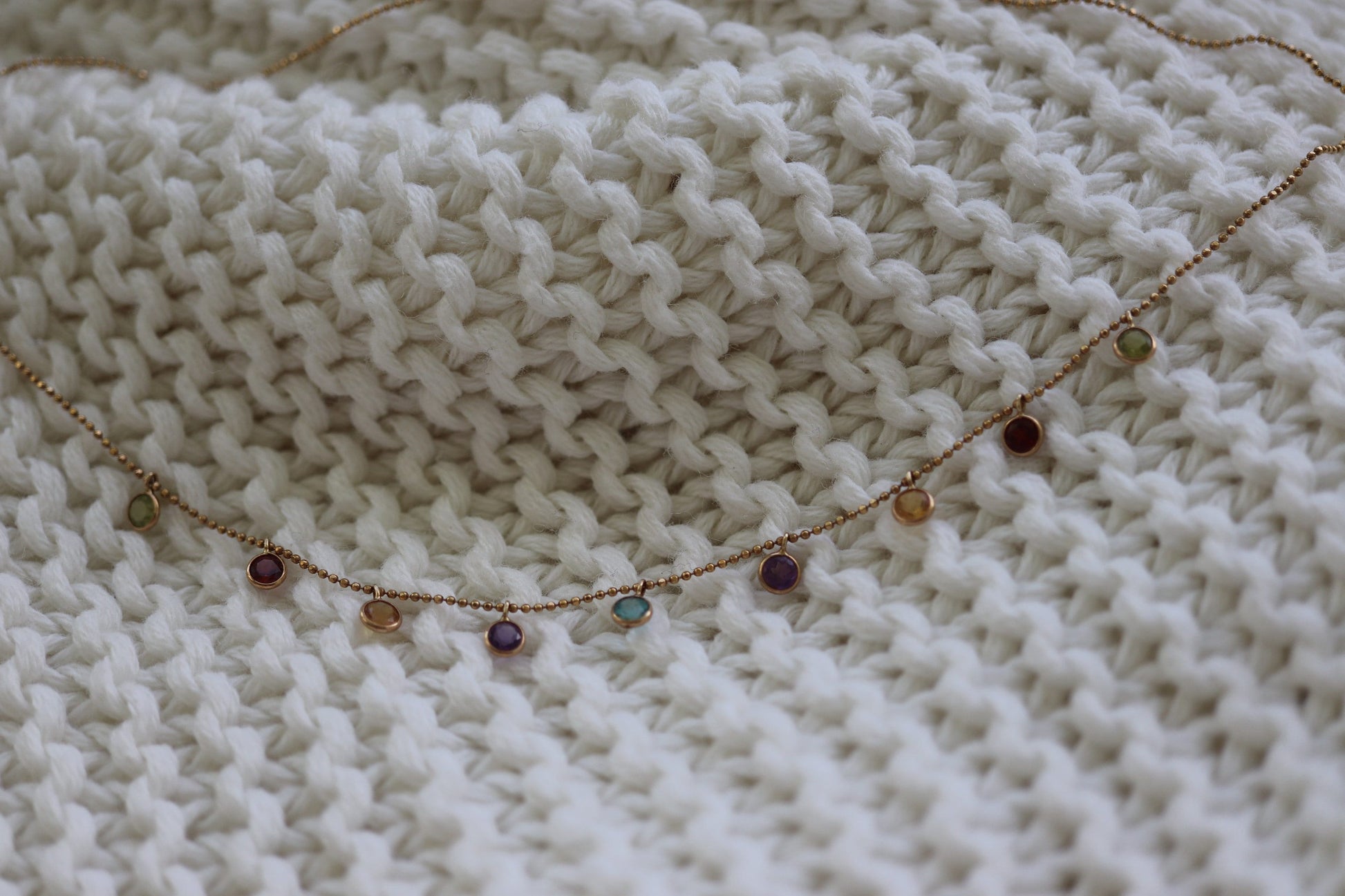 14k Bezel Gem Layered Necklace. Wonderful Dainty Dangling Candy Multi-Color Gem Necklace Chain. Topaz, Citrine, Garnet st(103/50)