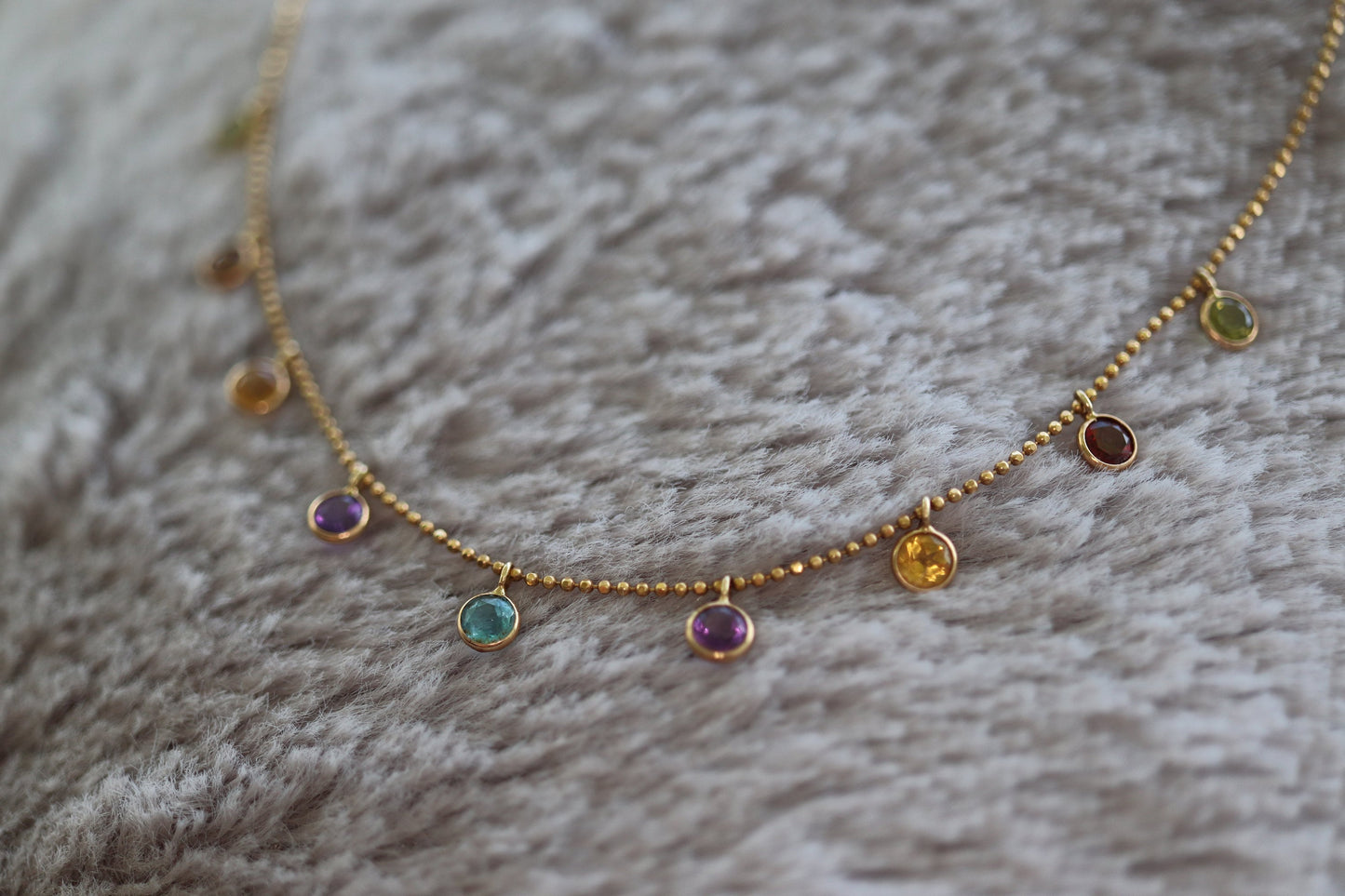 14k Bezel Gem Layered Necklace. Wonderful Dainty Dangling Candy Multi-Color Gem Necklace Chain. Topaz, Citrine, Garnet st(103/50)