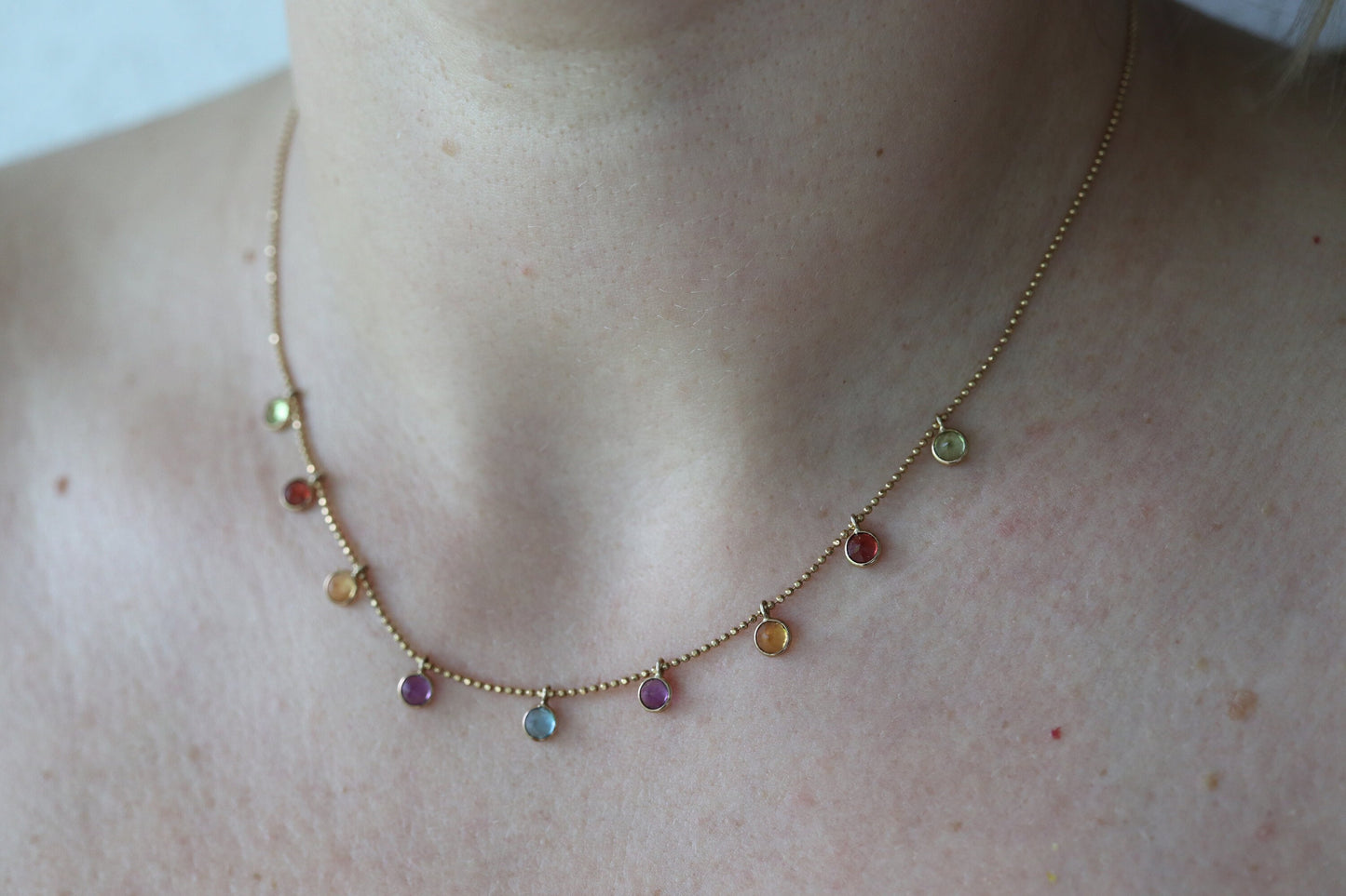 14k Bezel Gem Layered Necklace. Wonderful Dainty Dangling Candy Multi-Color Gem Necklace Chain. Topaz, Citrine, Garnet st(103/50)