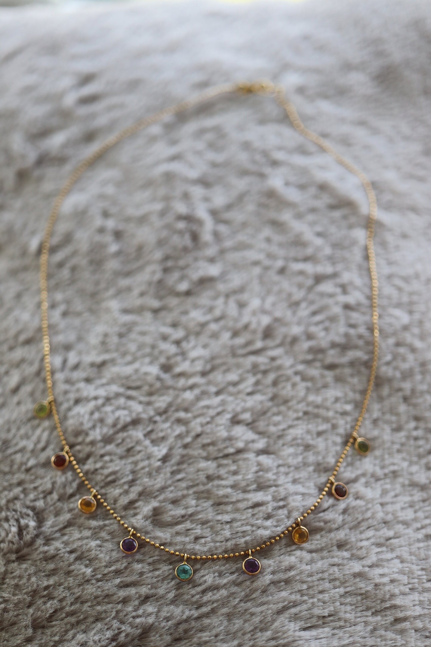14k Bezel Gem Layered Necklace. Wonderful Dainty Dangling Candy Multi-Color Gem Necklace Chain. Topaz, Citrine, Garnet st(103/50)