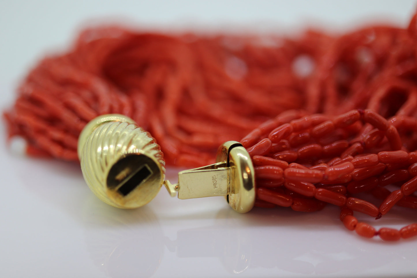 14k Coral Pearl Bead Necklace. Multi-Strand Liquid Coral beads. High Quality Coral Twisted Pearl Coral Necklace st(108)