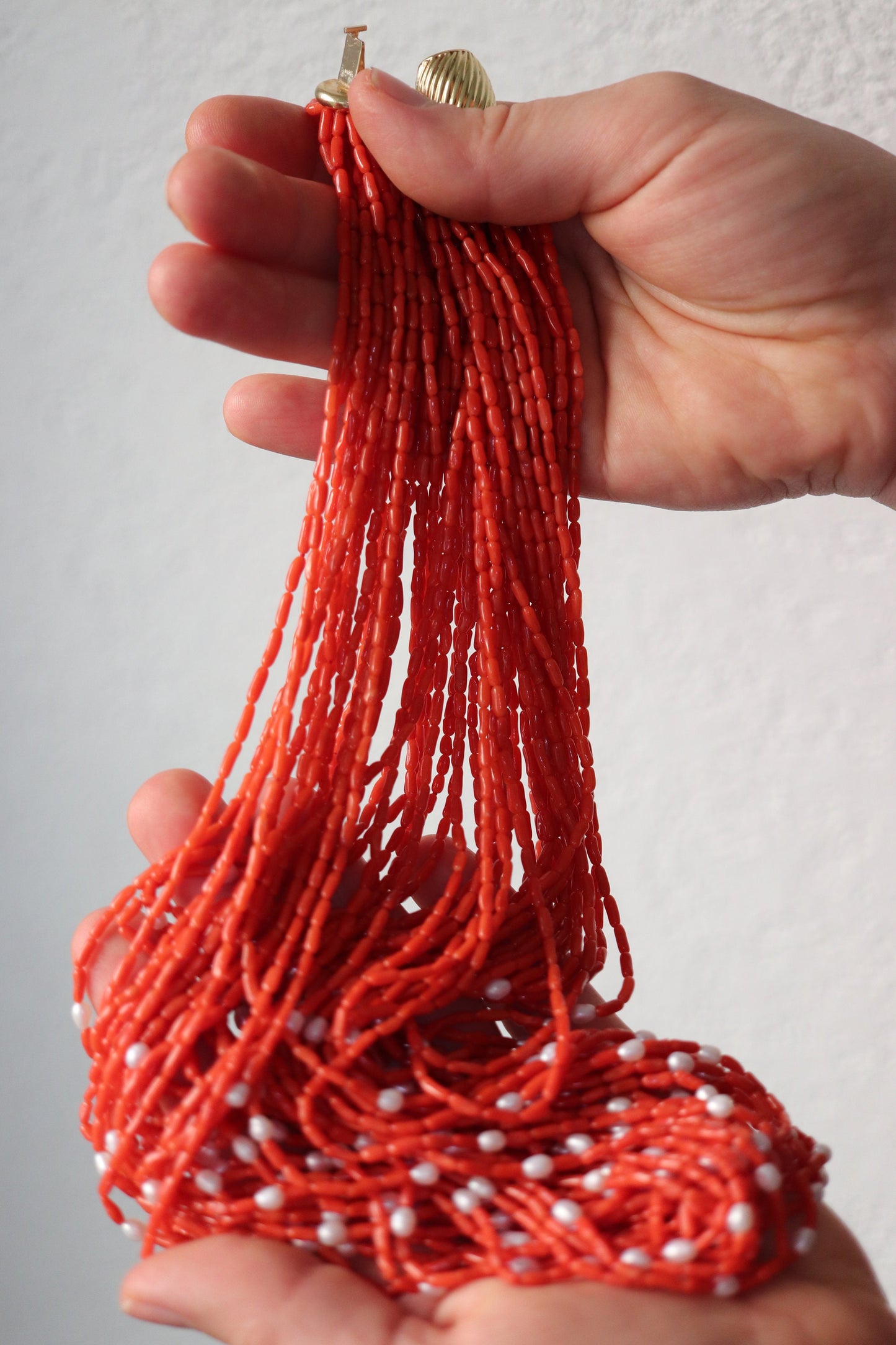 14k Coral Pearl Bead Necklace. Multi-Strand Liquid Coral beads. High Quality Coral Twisted Pearl Coral Necklace st(108)
