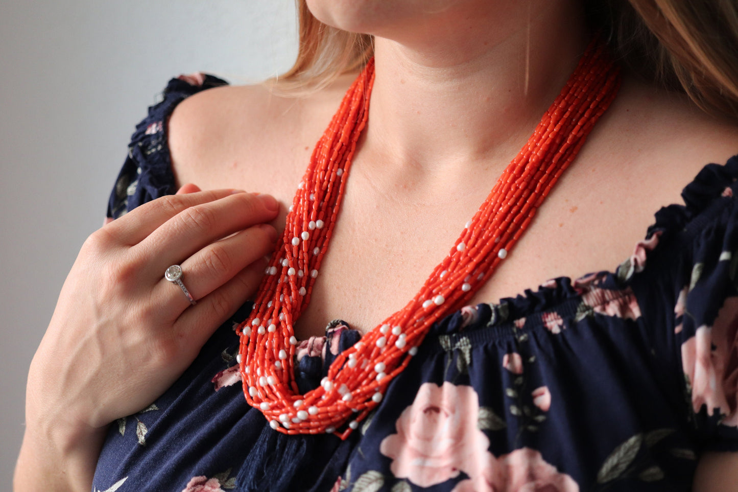 14k Coral Pearl Bead Necklace. Multi-Strand Liquid Coral beads. High Quality Coral Twisted Pearl Coral Necklace st(108)
