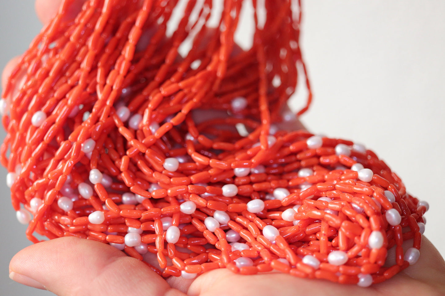 14k Coral Pearl Bead Necklace. Multi-Strand Liquid Coral beads. High Quality Coral Twisted Pearl Coral Necklace st(108)