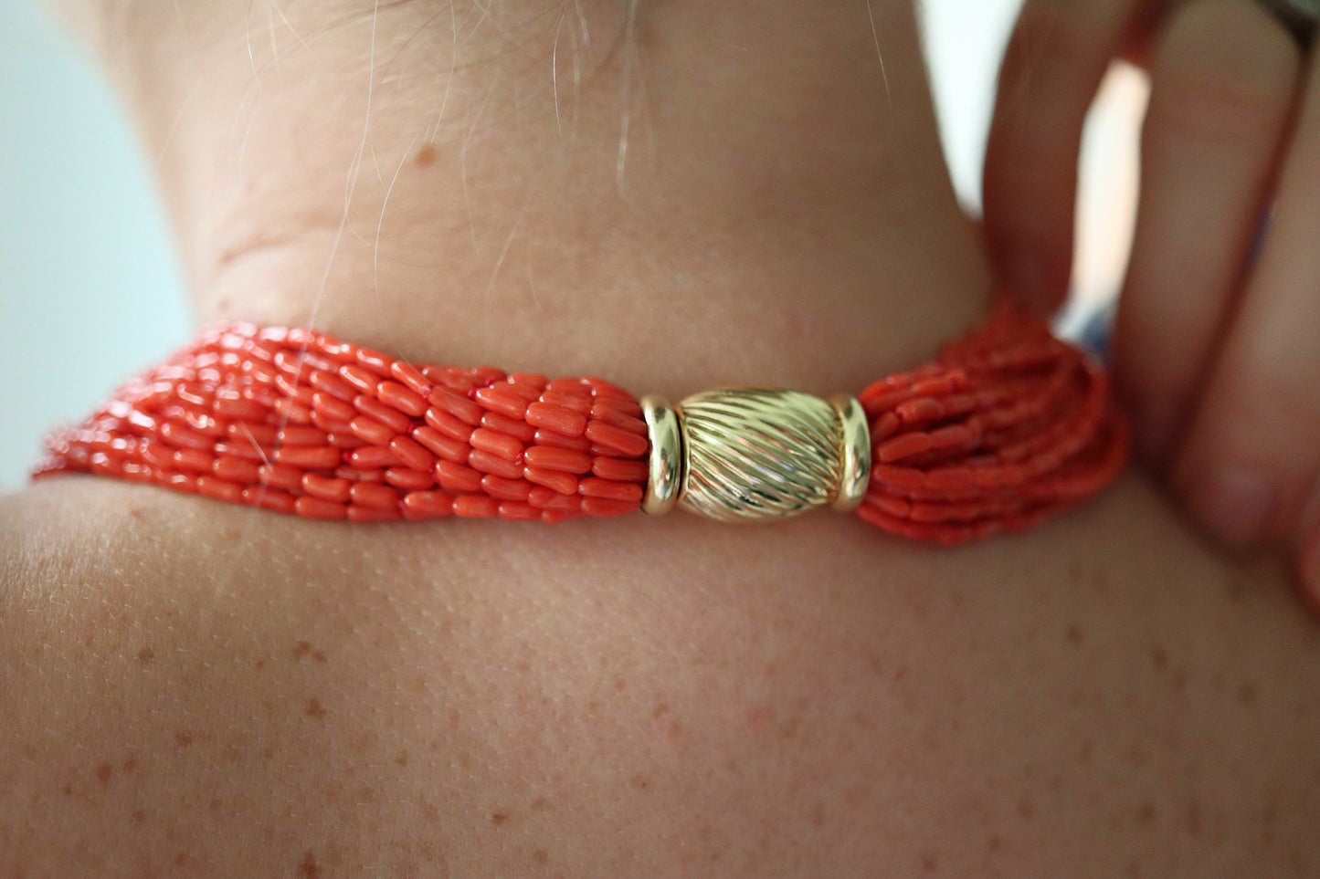 14k Coral Pearl Bead Necklace. Multi-Strand Liquid Coral beads. High Quality Coral Twisted Pearl Coral Necklace st(108)