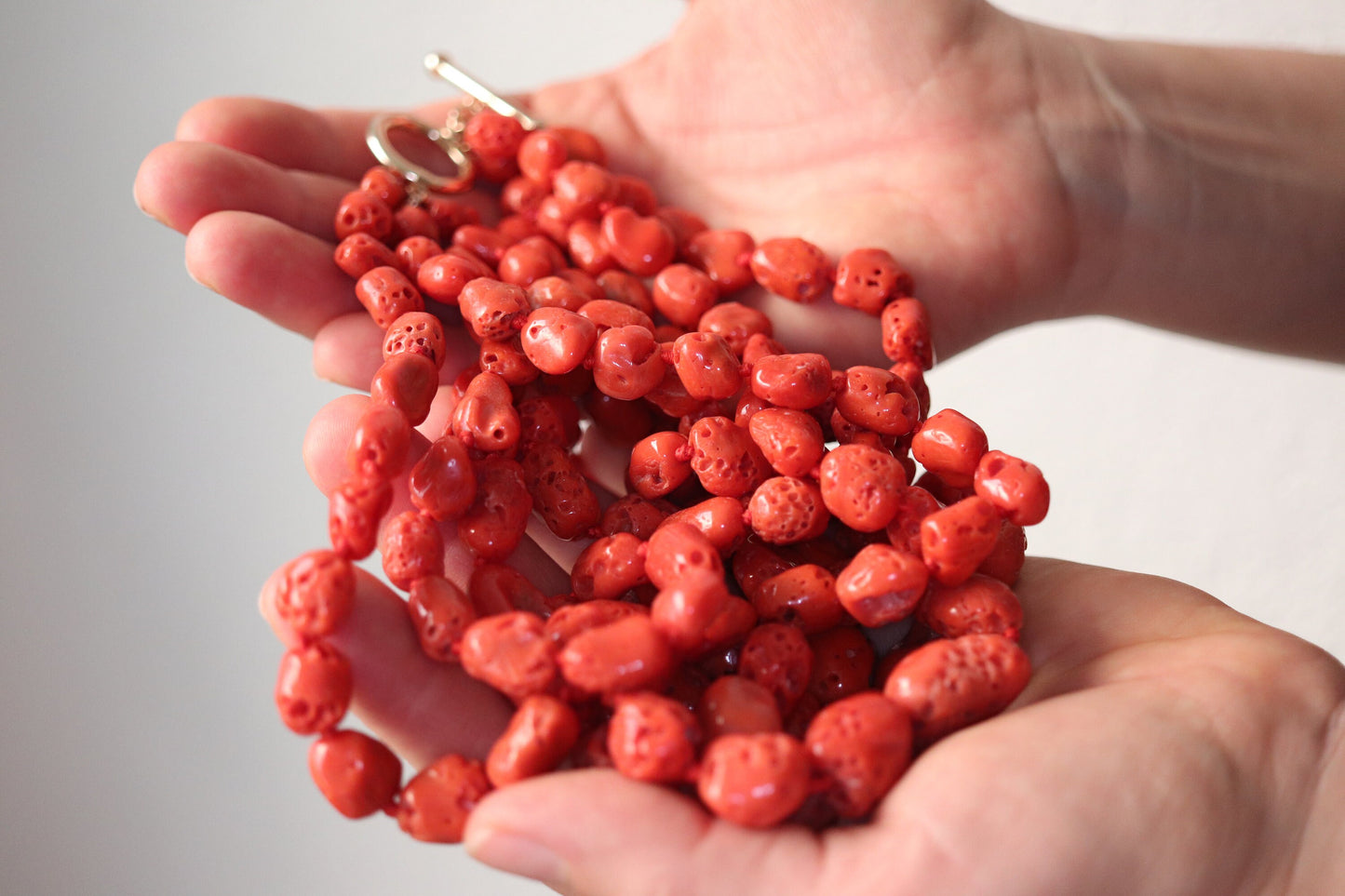 14k Coral Bead Necklace. Multi-Strand Raw Coral beads. High Quality Coral Natural Coral Necklace st(48)
