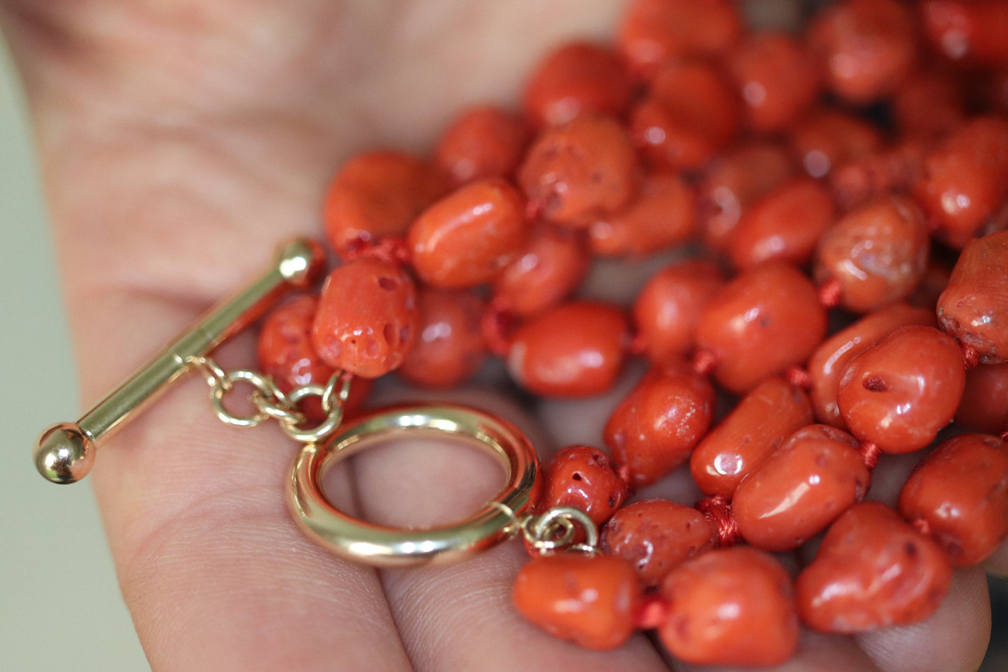 14k Coral Bead Necklace. Multi-Strand Raw Coral beads. High Quality Coral Natural Coral Necklace st(48)