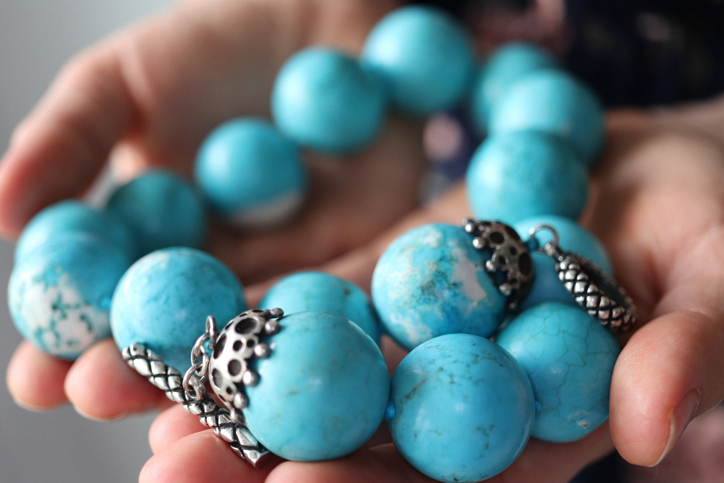 Dian Malouf Necklace. Round Turquoise Heavy sterling Silver Bead Necklace DLM Collection (st167)