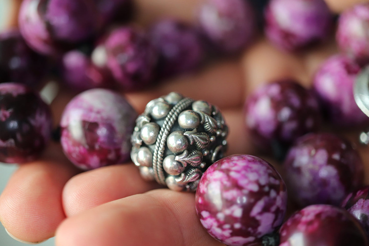 Dian Malouf Necklace. Round Charoite Heavy sterling Silver Bead Necklace DLM Collection (st115)