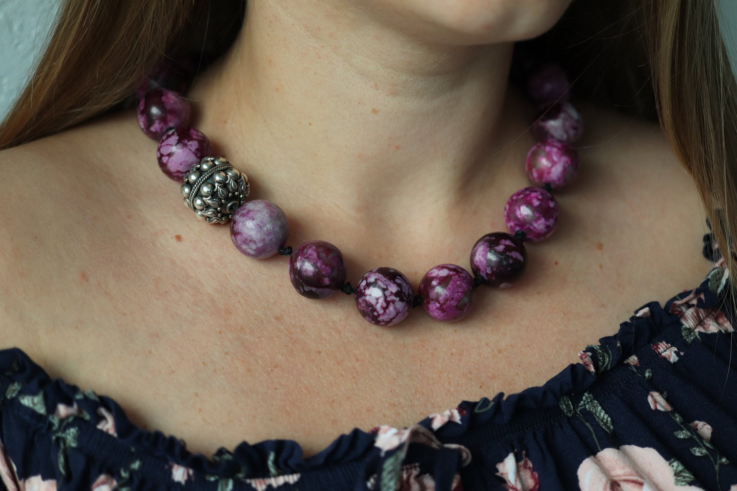 Dian Malouf Necklace. Round Charoite Heavy sterling Silver Bead Necklace DLM Collection (st115)
