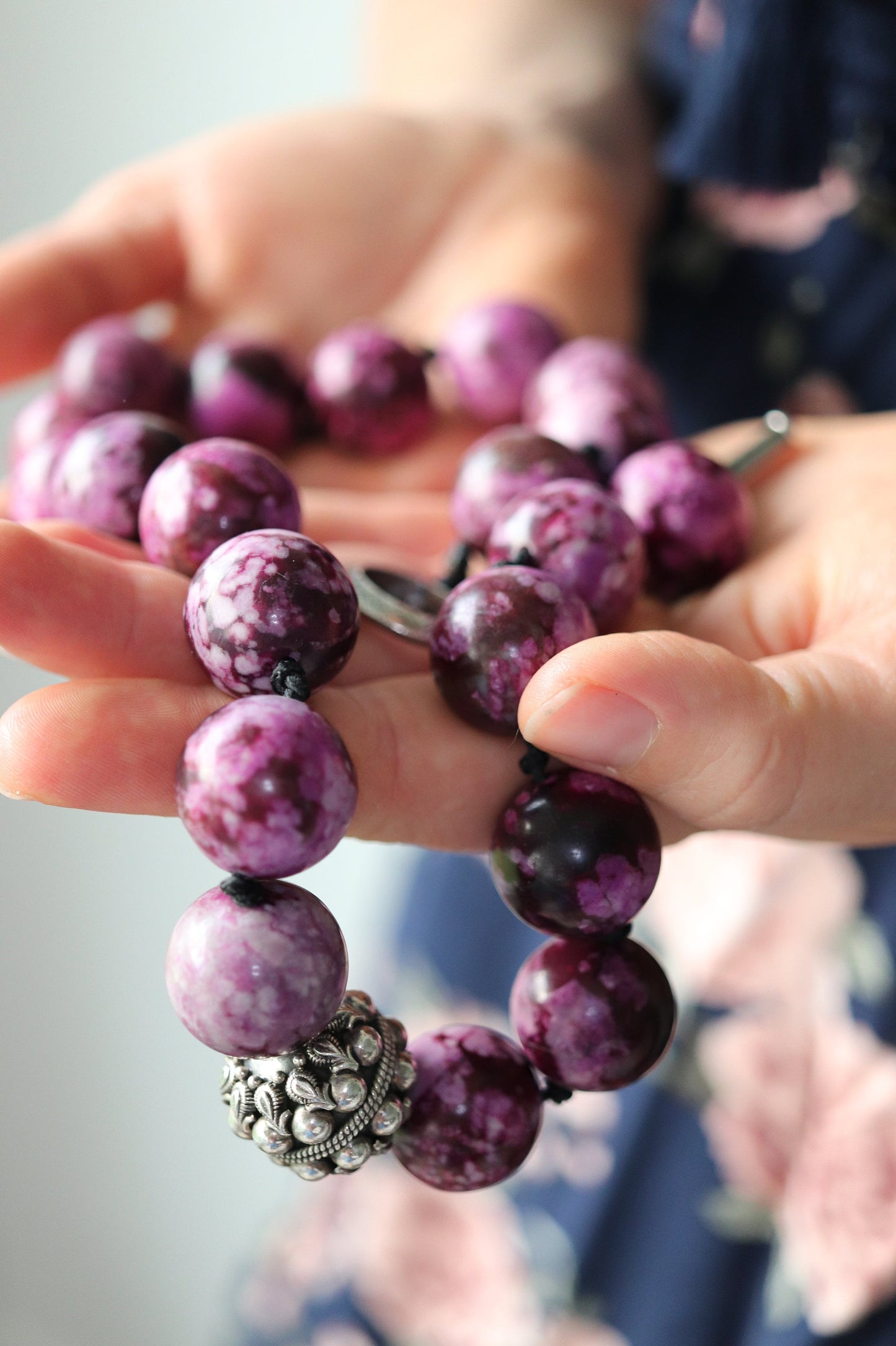 Dian Malouf Necklace. Round Charoite Heavy sterling Silver Bead Necklace DLM Collection (st115)