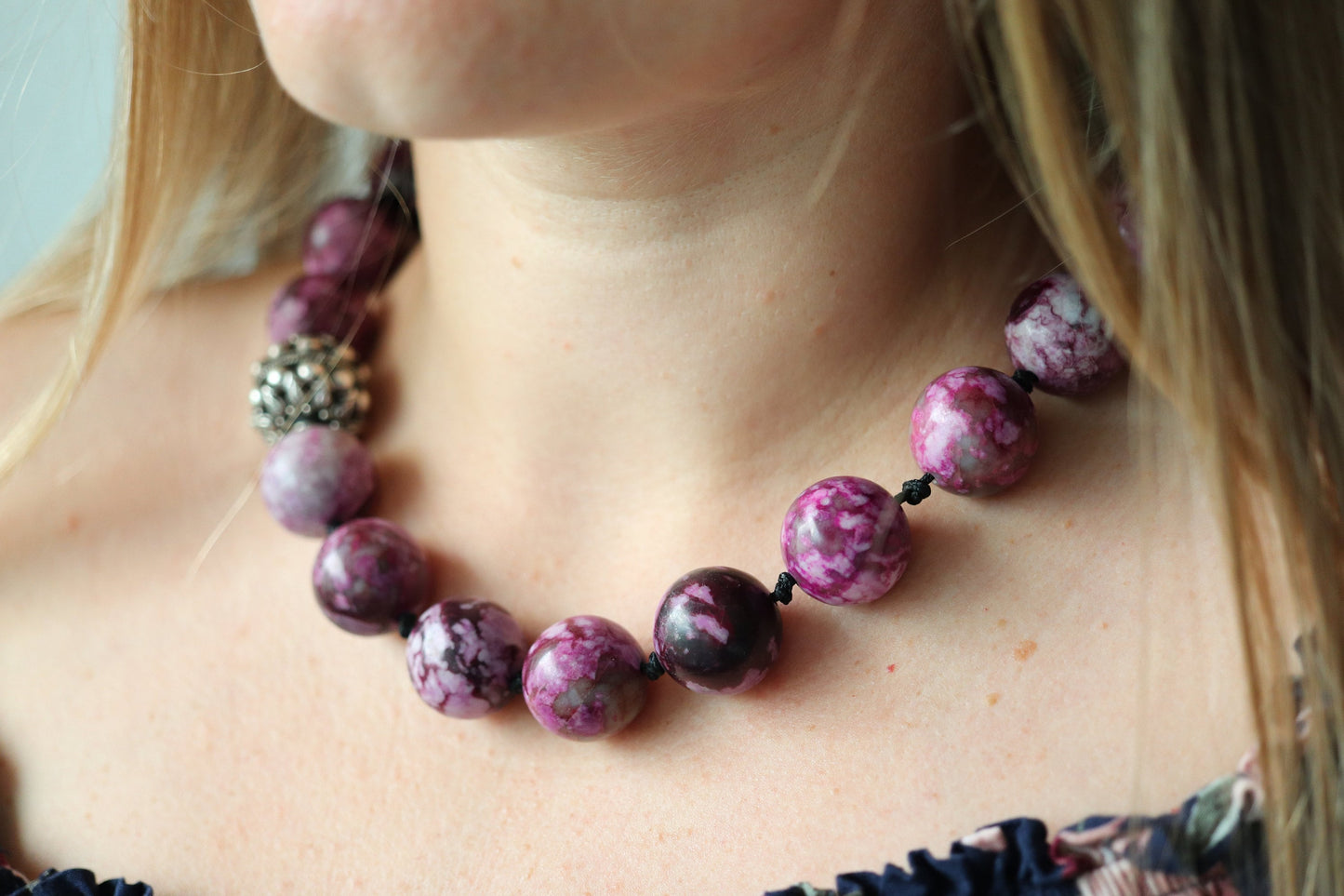 Dian Malouf Necklace. Round Charoite Heavy sterling Silver Bead Necklace DLM Collection (st115)