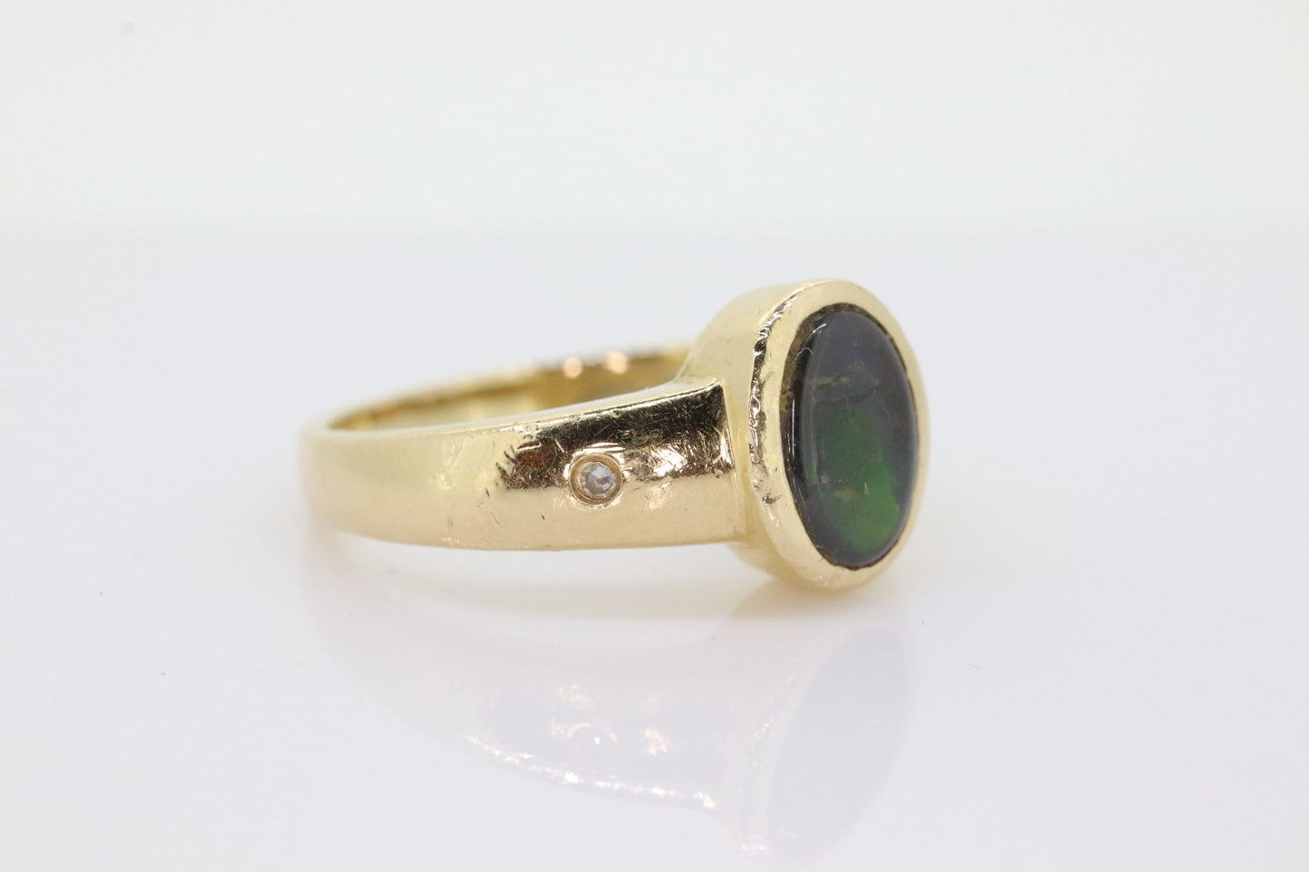 14k Oval Bezel Set Ammolite Ring and Earrings set. Ammolite Fossil and diamond earrings and ring. st140