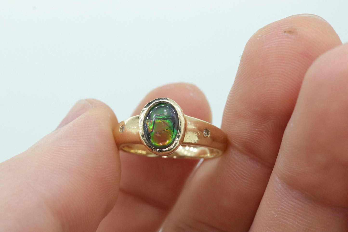 14k Oval Bezel Set Ammolite Ring and Earrings set. Ammolite Fossil and diamond earrings and ring. st140