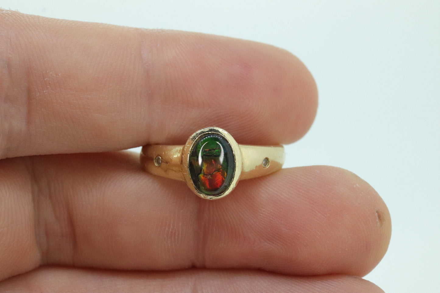 14k Oval Bezel Set Ammolite Ring and Earrings set. Ammolite Fossil and diamond earrings and ring. st140