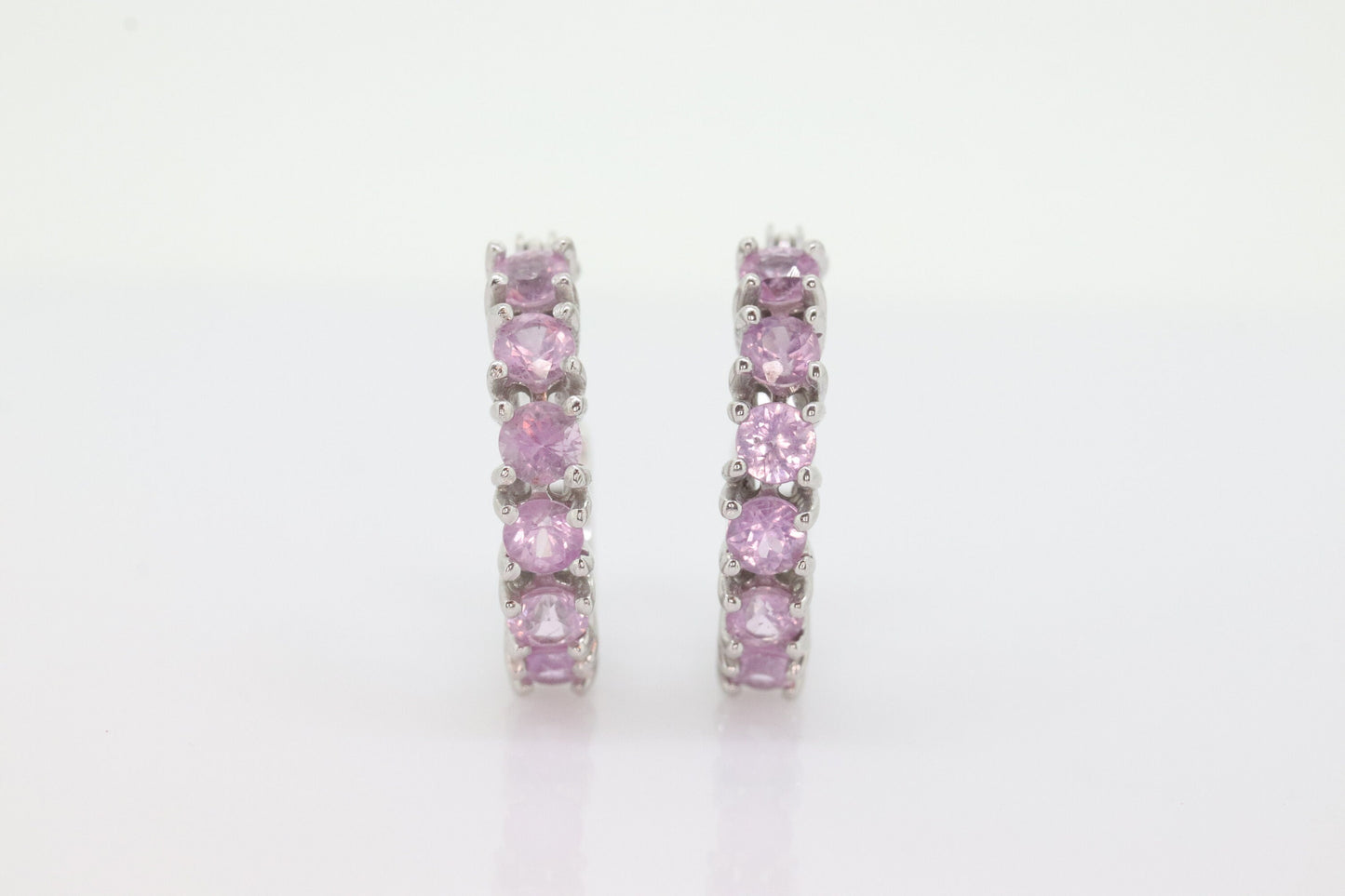 Estate 10k Round Pink Sapphire Cluster Hoop Earrings. PINK SAPPHIRE Earrings. 10k White Gold Sapphire Earrings st(29)