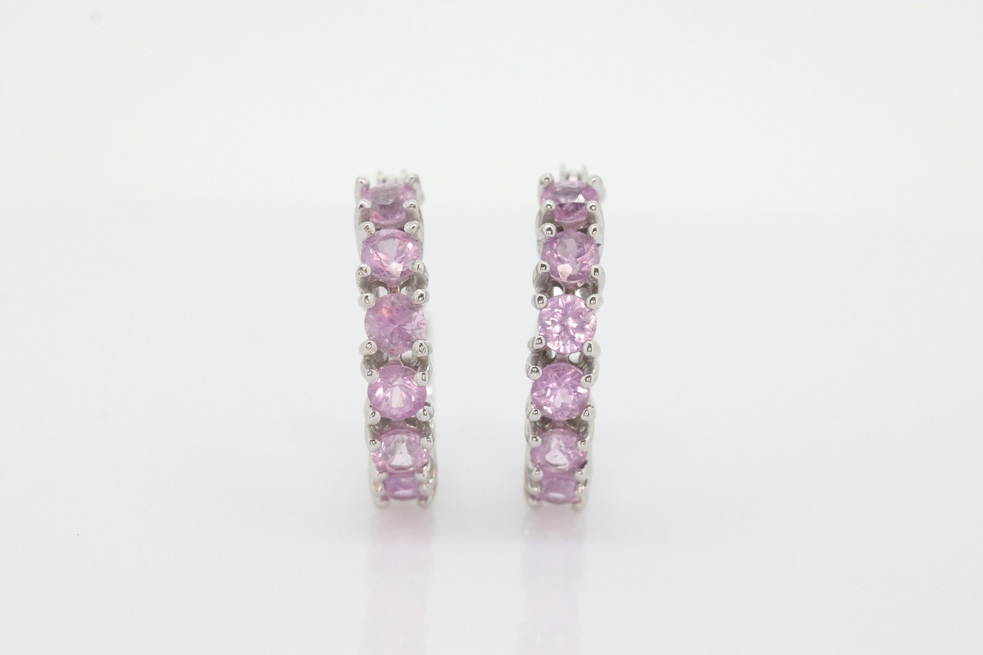 Estate 10k Round Pink Sapphire Cluster Hoop Earrings. PINK SAPPHIRE Earrings. 10k White Gold Sapphire Earrings st(29)