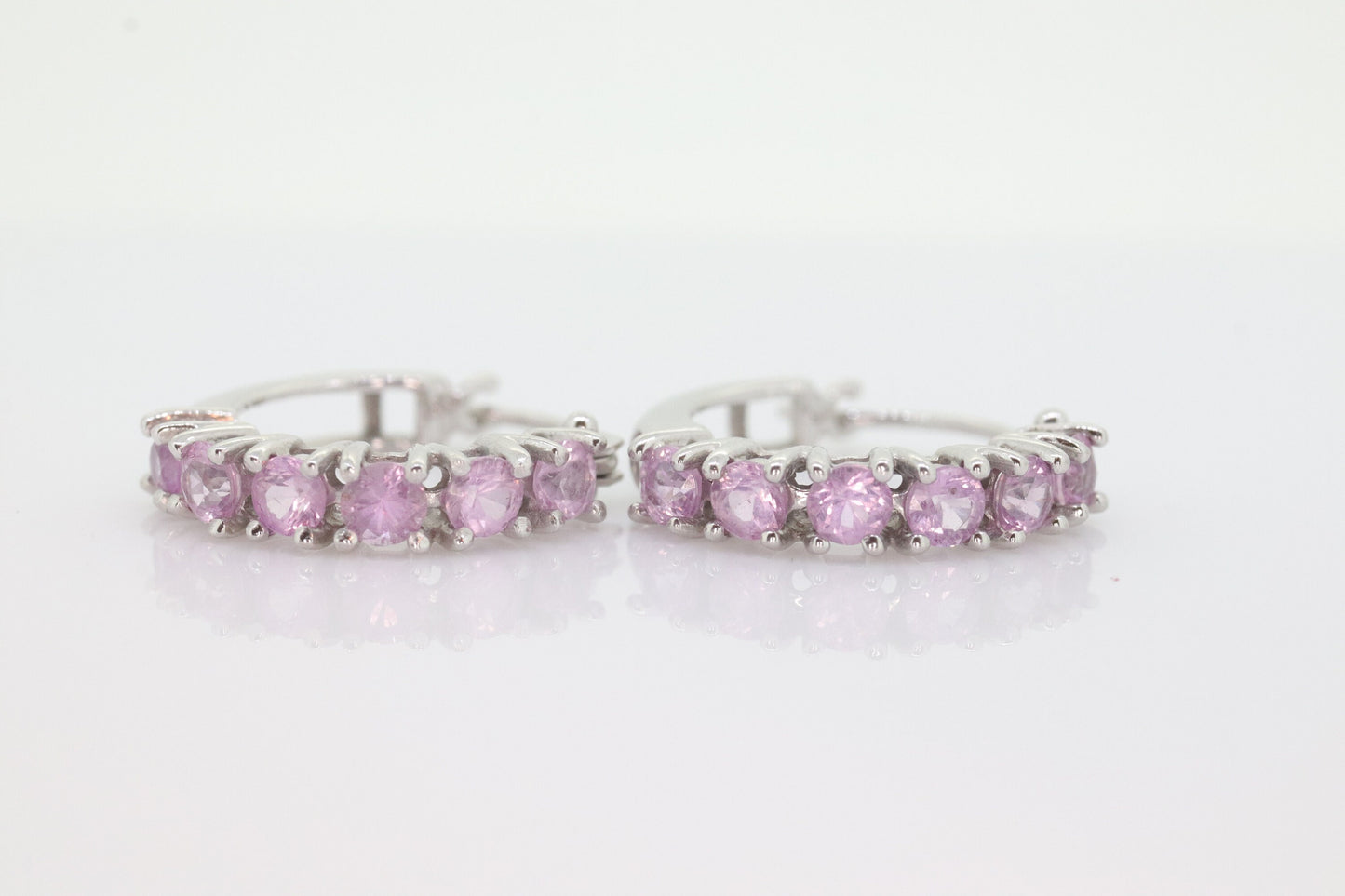 Estate 10k Round Pink Sapphire Cluster Hoop Earrings. PINK SAPPHIRE Earrings. 10k White Gold Sapphire Earrings st(29)
