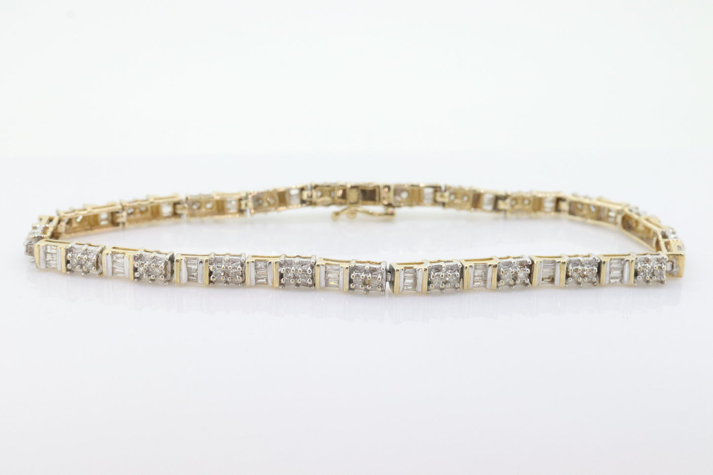 10k Baguette Round Diamond Bracelet. Cluster 10k Yellow Gold diamond Tennis bracelet. OVER 1CTW st(288)