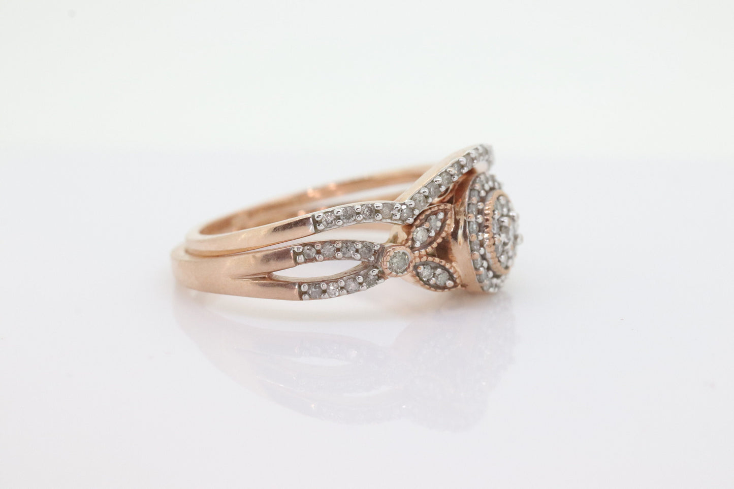 10k Rose Gold Diamond Wedding Ring set. Diamond Cluster Halo Wedding Set. Engagement set. Bridal Set rings. Eternity band. st(184)