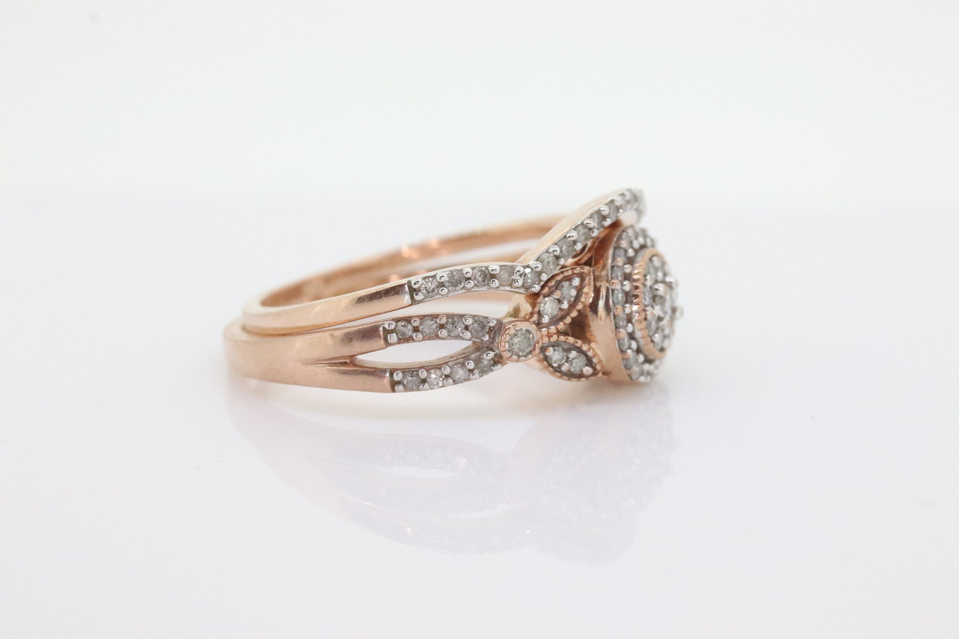 10k Rose Gold Diamond Wedding Ring set. Diamond Cluster Halo Wedding Set. Engagement set. Bridal Set rings. Eternity band. st(184)