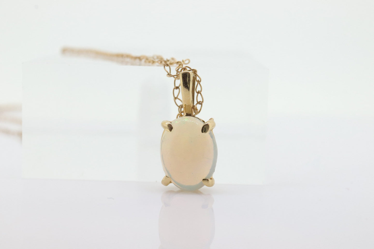 14k Crystal OPAL Pendant. Oval Cabochon Opal charm necklace. Prong set solitaire. st(44)