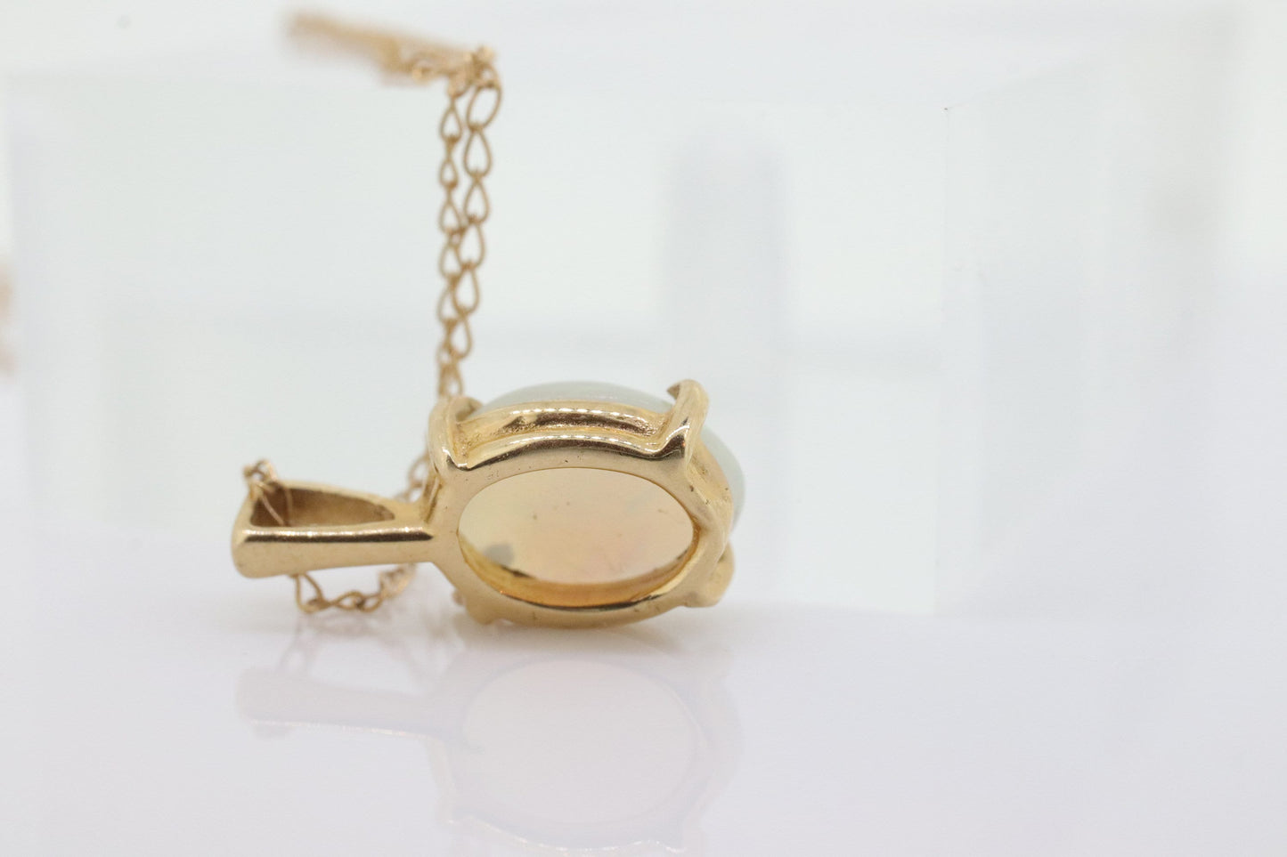 14k Crystal OPAL Pendant. Oval Cabochon Opal charm necklace. Prong set solitaire. st(44)