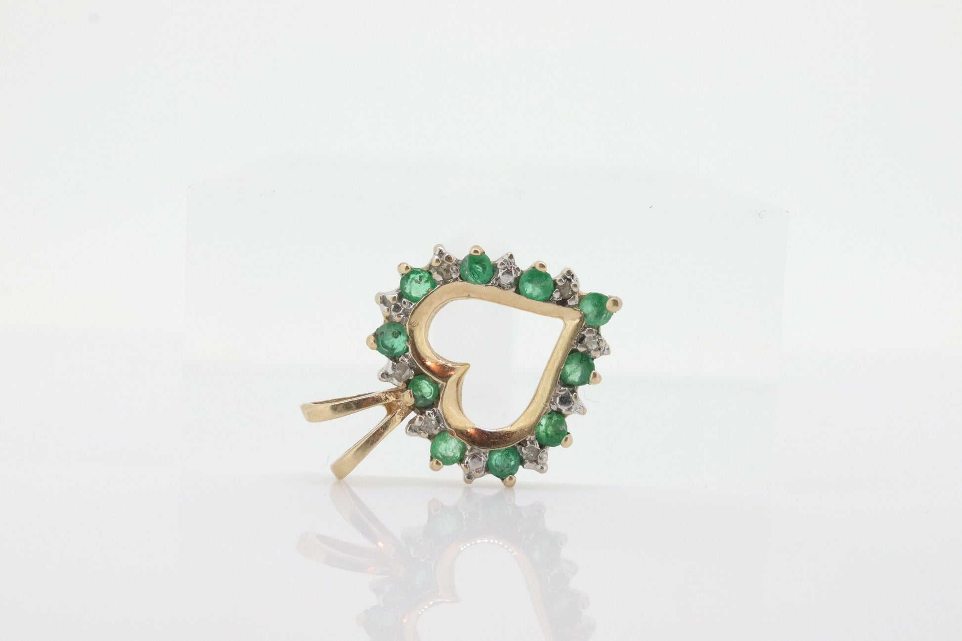 Emerald Diamond heart pendant. 10k Yellow Gold Emerald and Diamond Open Heart Charm. st(28)