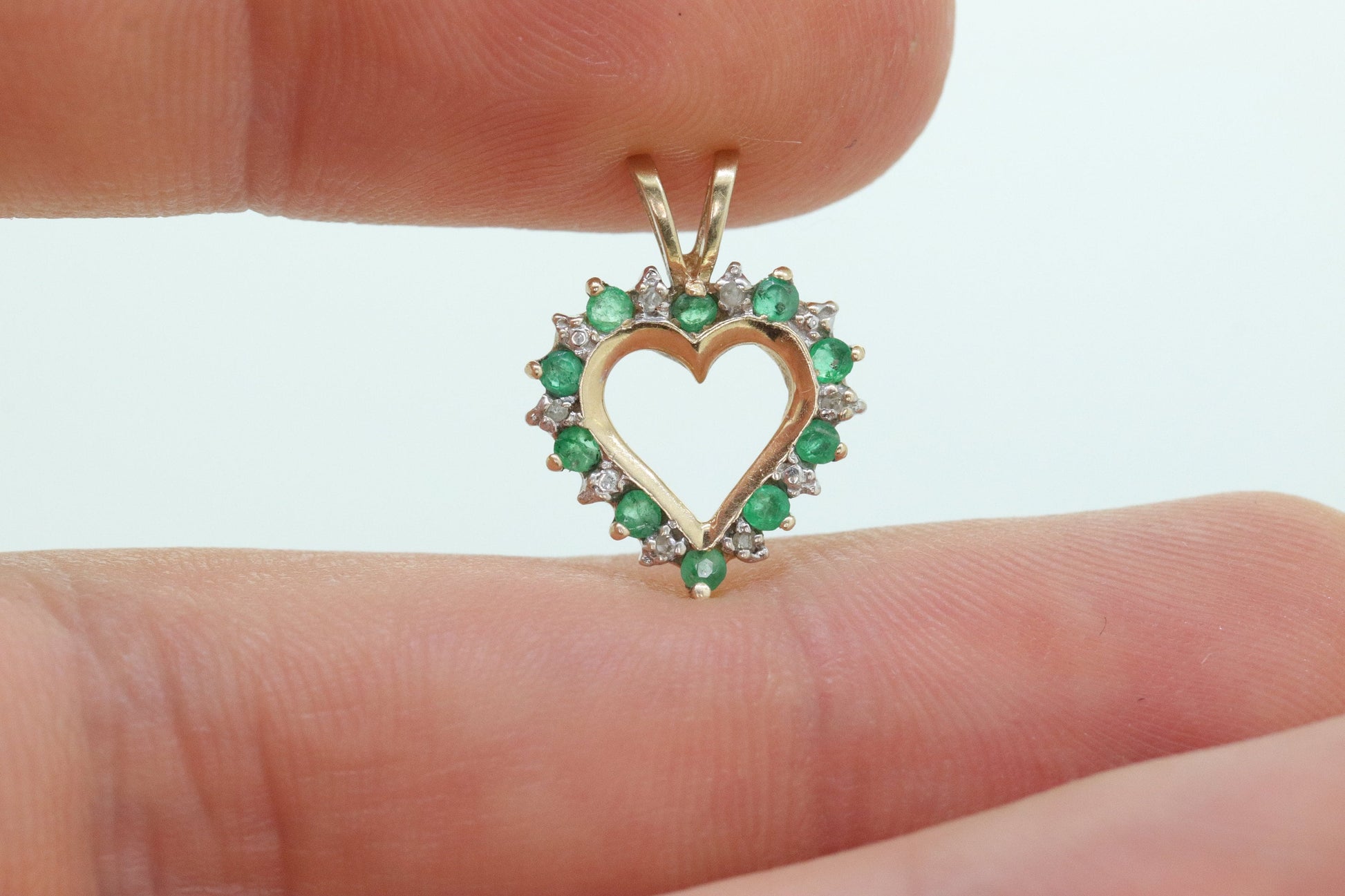 Emerald Diamond heart pendant. 10k Yellow Gold Emerald and Diamond Open Heart Charm. st(28)