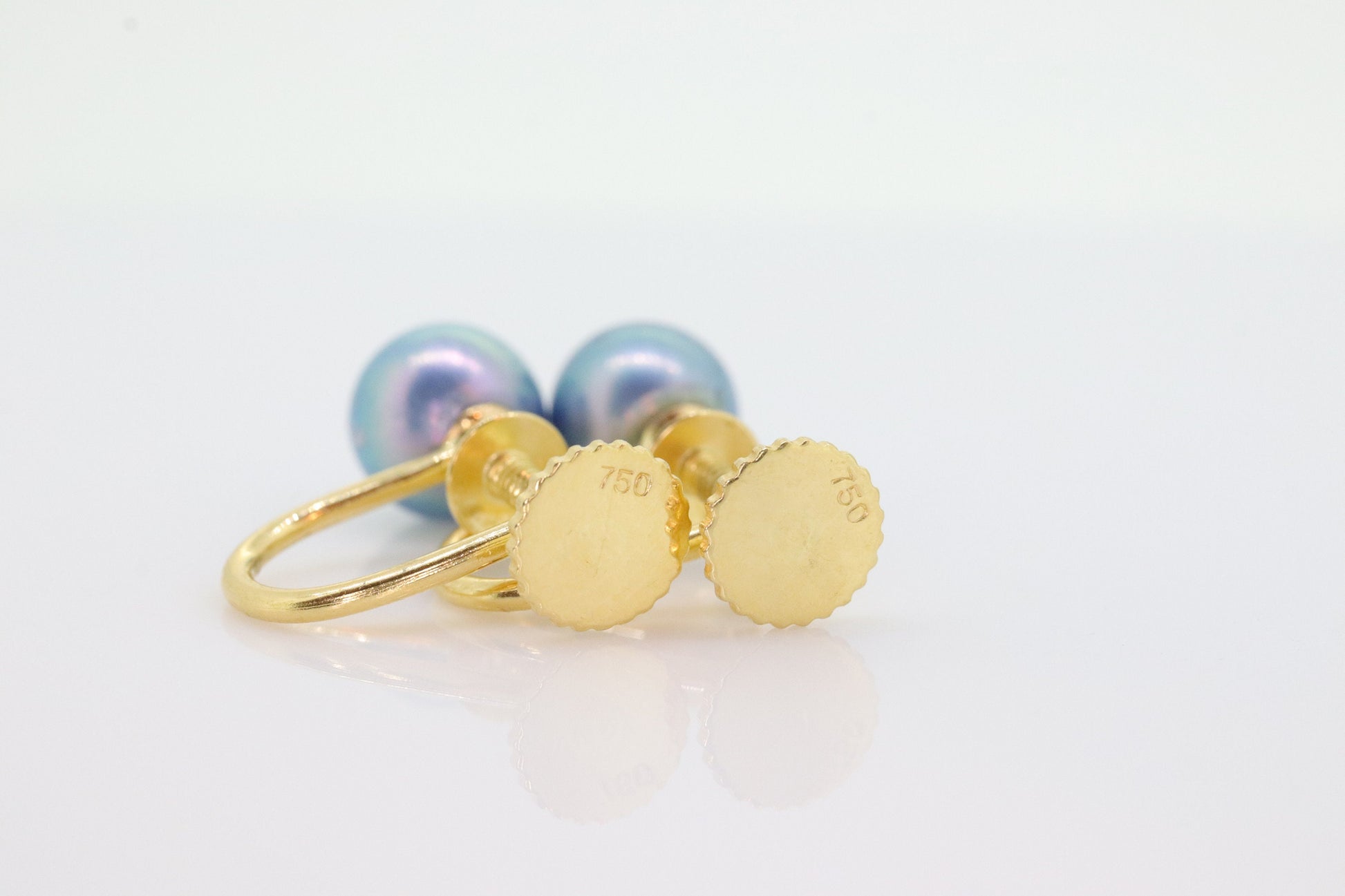 18k Blue PEARL EARRINGS. 18k Yellow gold Pearl earrings. Non-Pierced Screw Clips Clip ons. Tension earrings. st(86)