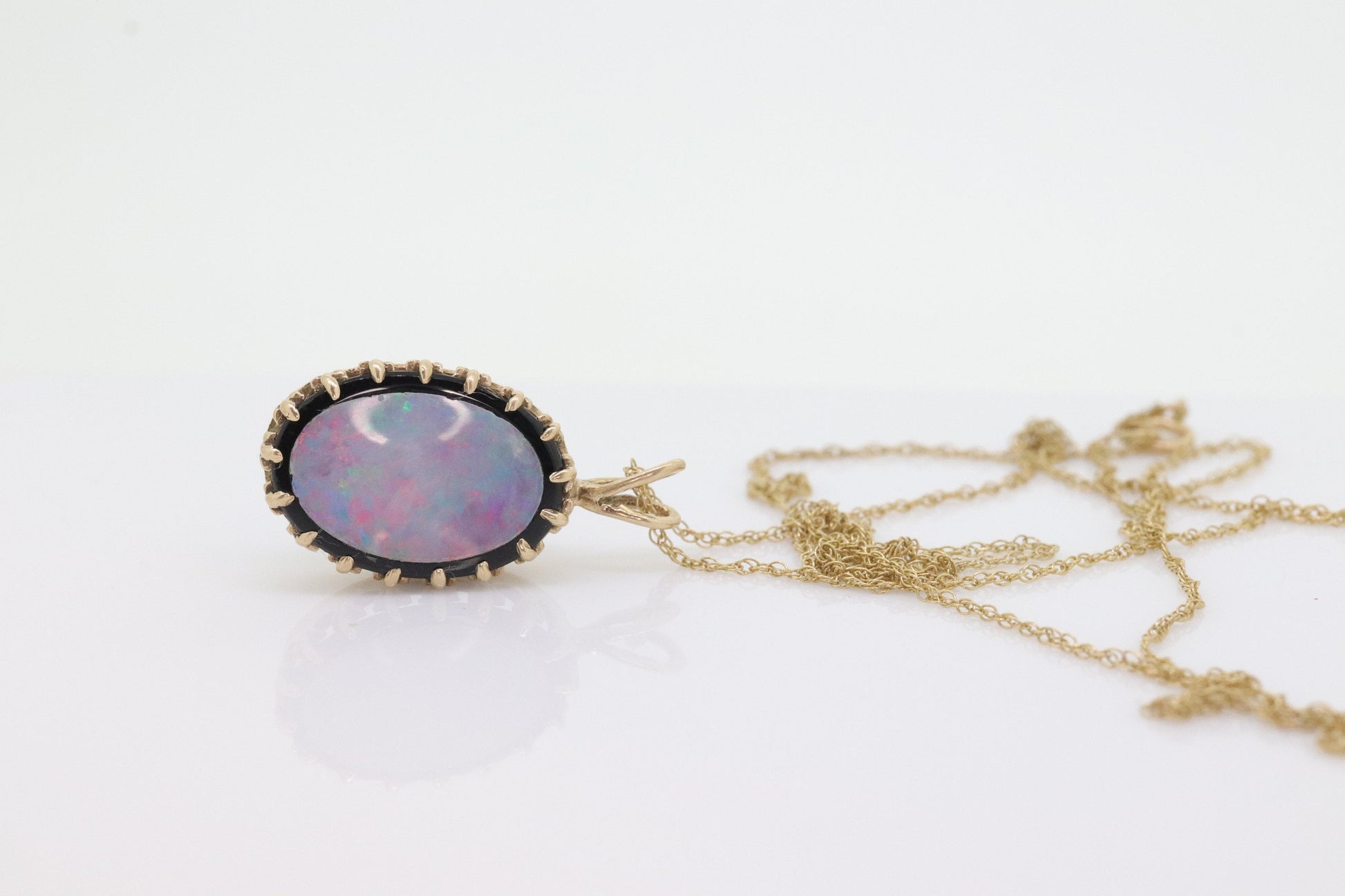 Opal Onyx Pendant. 14k Yellow Gold Medallion. Wonderful Opal Crown set. Opal and Onyx Doublet Pendant. (st198)