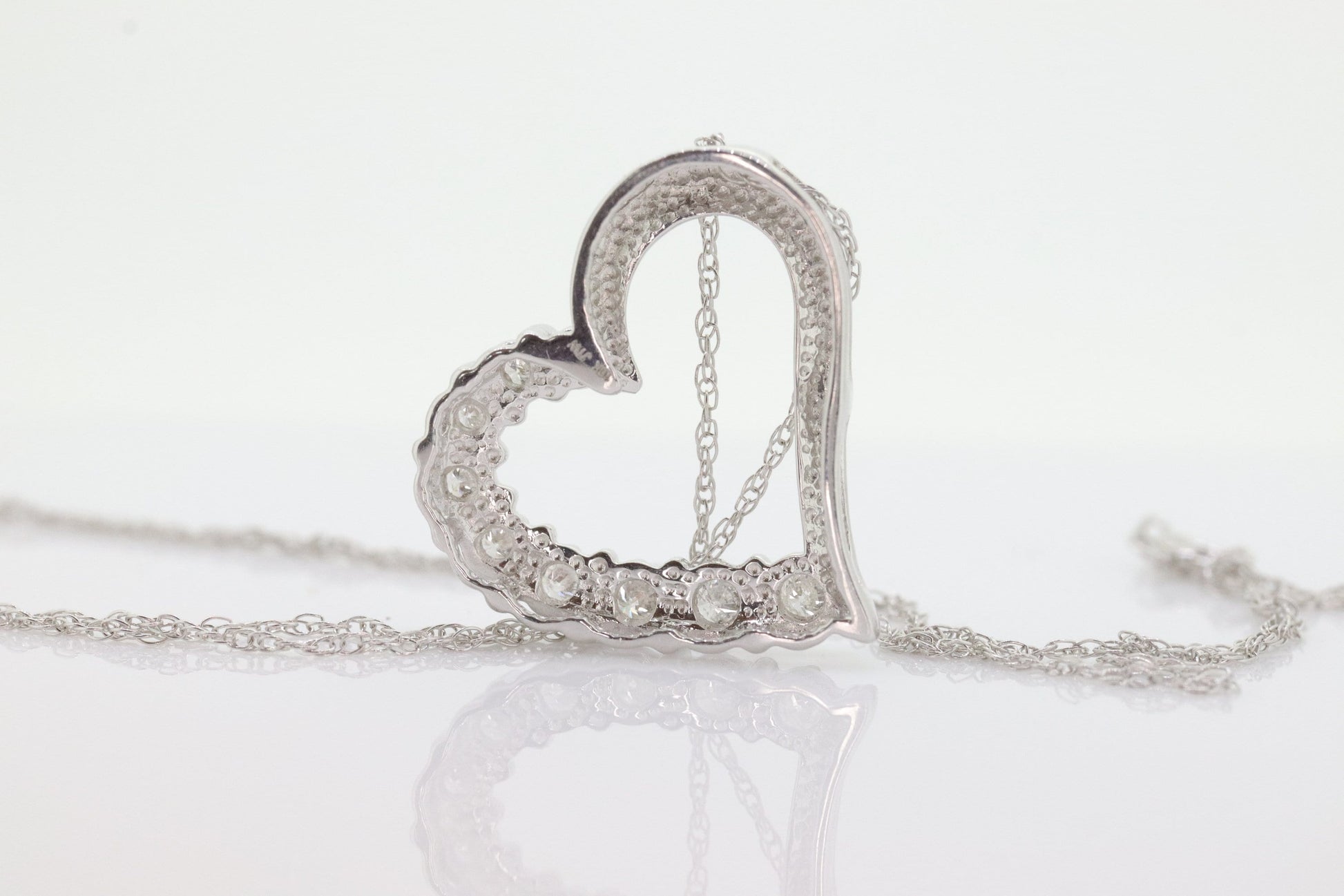 10k Open Heart Diamond Necklace. 10k White Gold Pave Diamond. Circle of Life Heart Necklace. st(67)