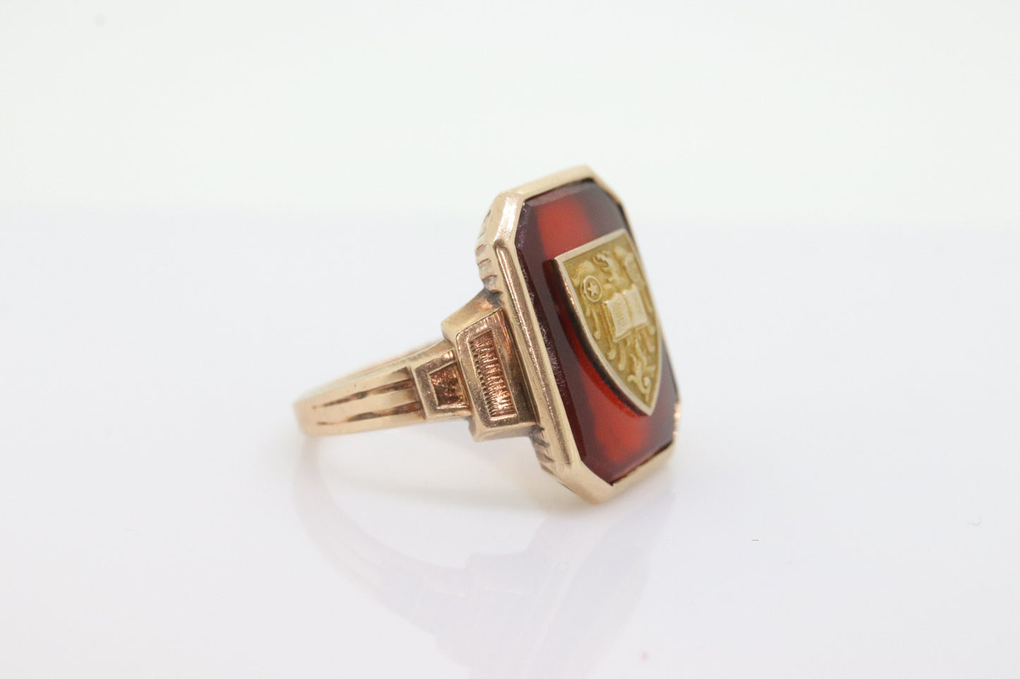 10k Crest ring. 10k Art Deco Carnelian Family Crest Shield ring. Square Carnelian Glass ring. st(112)
