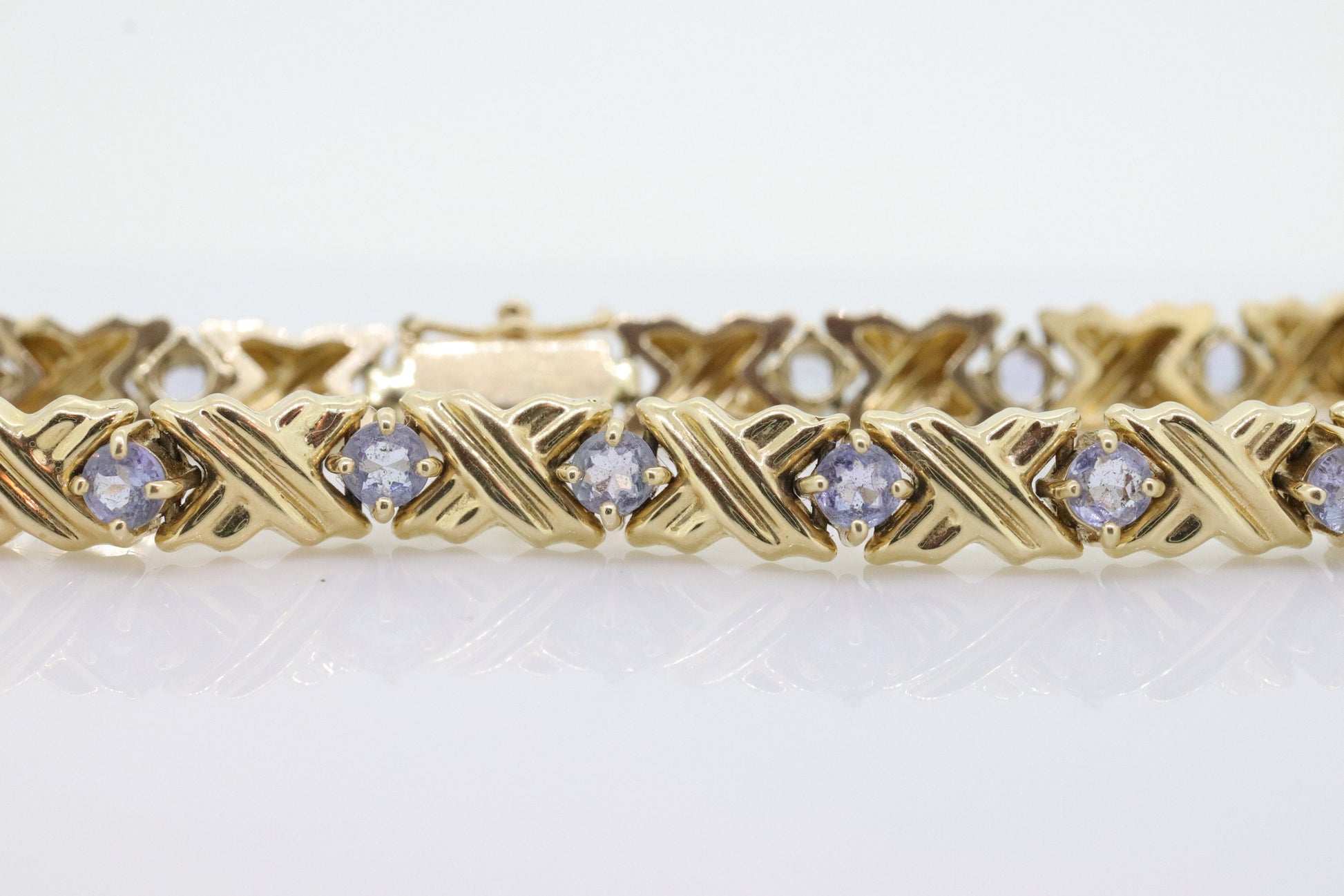 14k Tanzanite XOXO Bracelet. 14k Yellow Gold Kiss Hug Tanzanite Bracelet. 14k Tanzanite Tennis Bracelet. st(201)