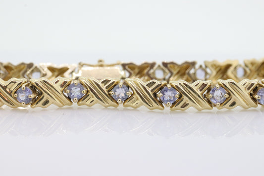 14k Tanzanite XOXO Bracelet. 14k Yellow Gold Kiss Hug Tanzanite Bracelet. 14k Tanzanite Tennis Bracelet. st(201)