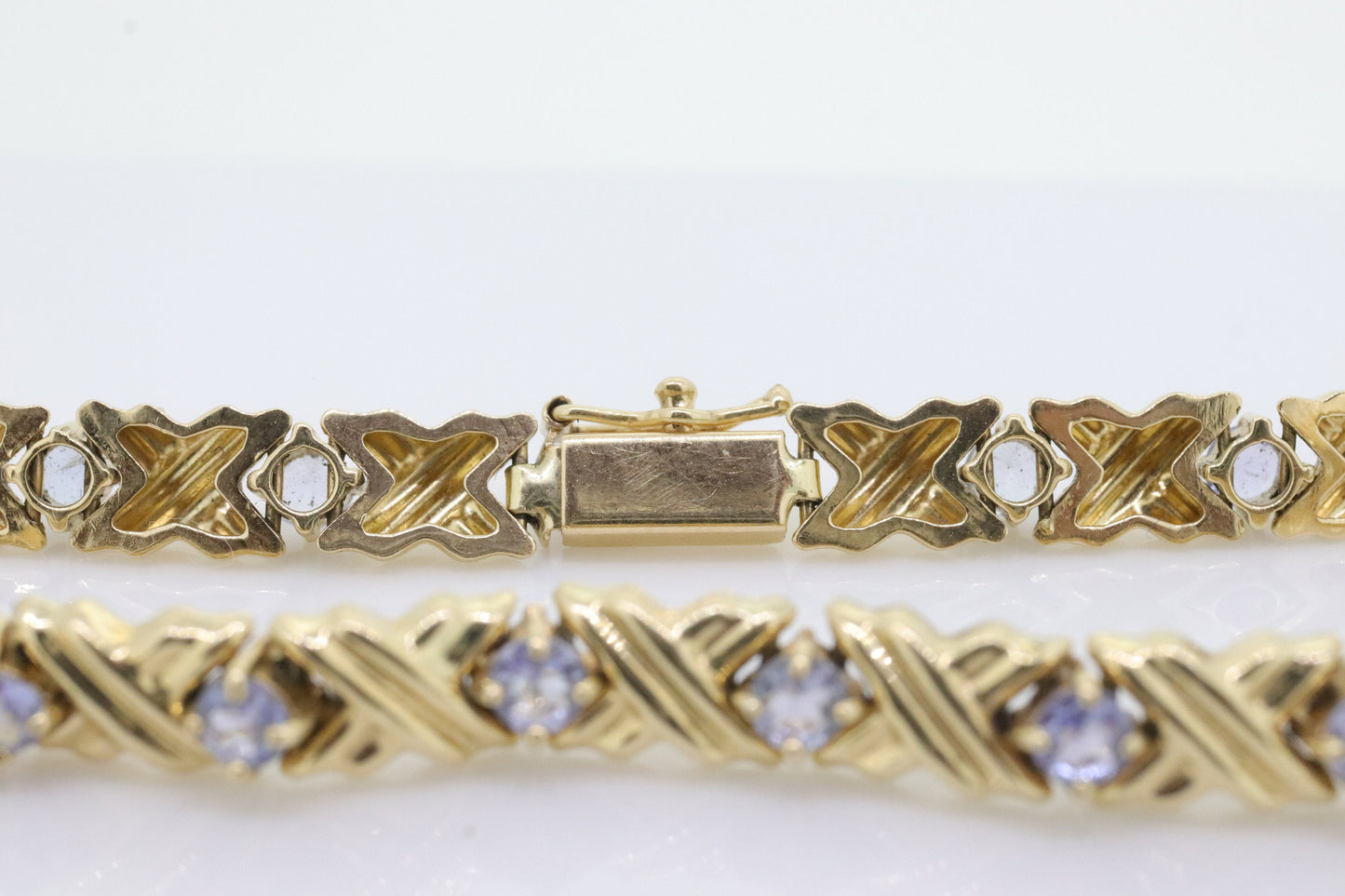14k Tanzanite XOXO Bracelet. 14k Yellow Gold Kiss Hug Tanzanite Bracelet. 14k Tanzanite Tennis Bracelet. st(201)