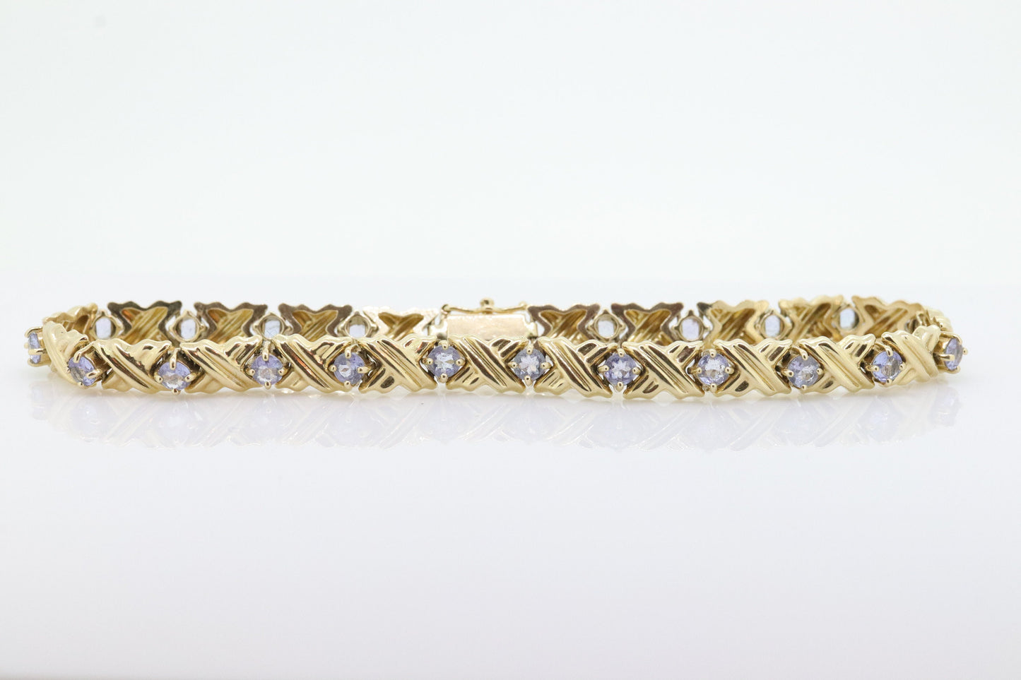 14k Tanzanite XOXO Bracelet. 14k Yellow Gold Kiss Hug Tanzanite Bracelet. 14k Tanzanite Tennis Bracelet. st(201)