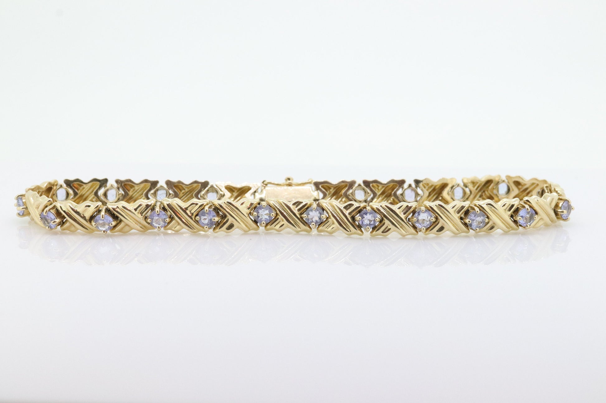 14k Tanzanite XOXO Bracelet. 14k Yellow Gold Kiss Hug Tanzanite Bracelet. 14k Tanzanite Tennis Bracelet. st(201)