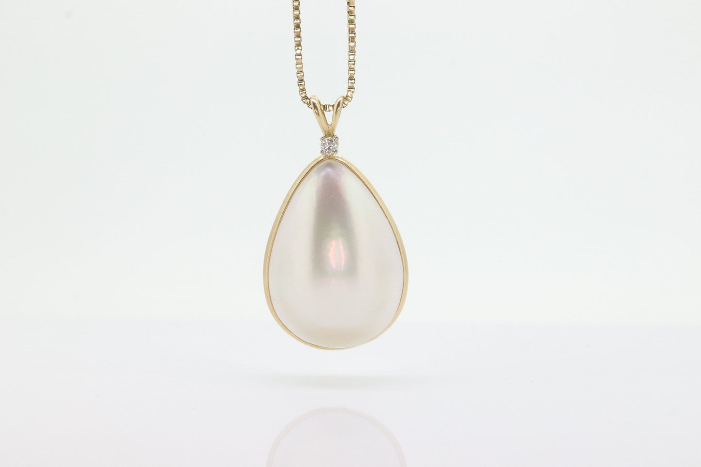 14k Large MABE Pearl Diamond Pendant. Leslies Jewelry Pendant. Mabe Pearl Drop pendant with box chain necklace. st(87)