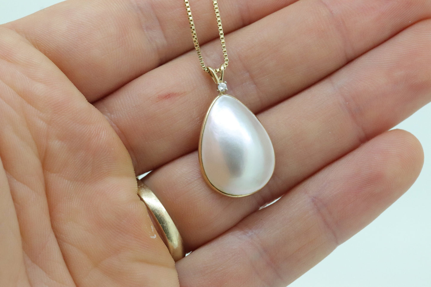 14k Large MABE Pearl Diamond Pendant. Leslies Jewelry Pendant. Mabe Pearl Drop pendant with box chain necklace. st(87)