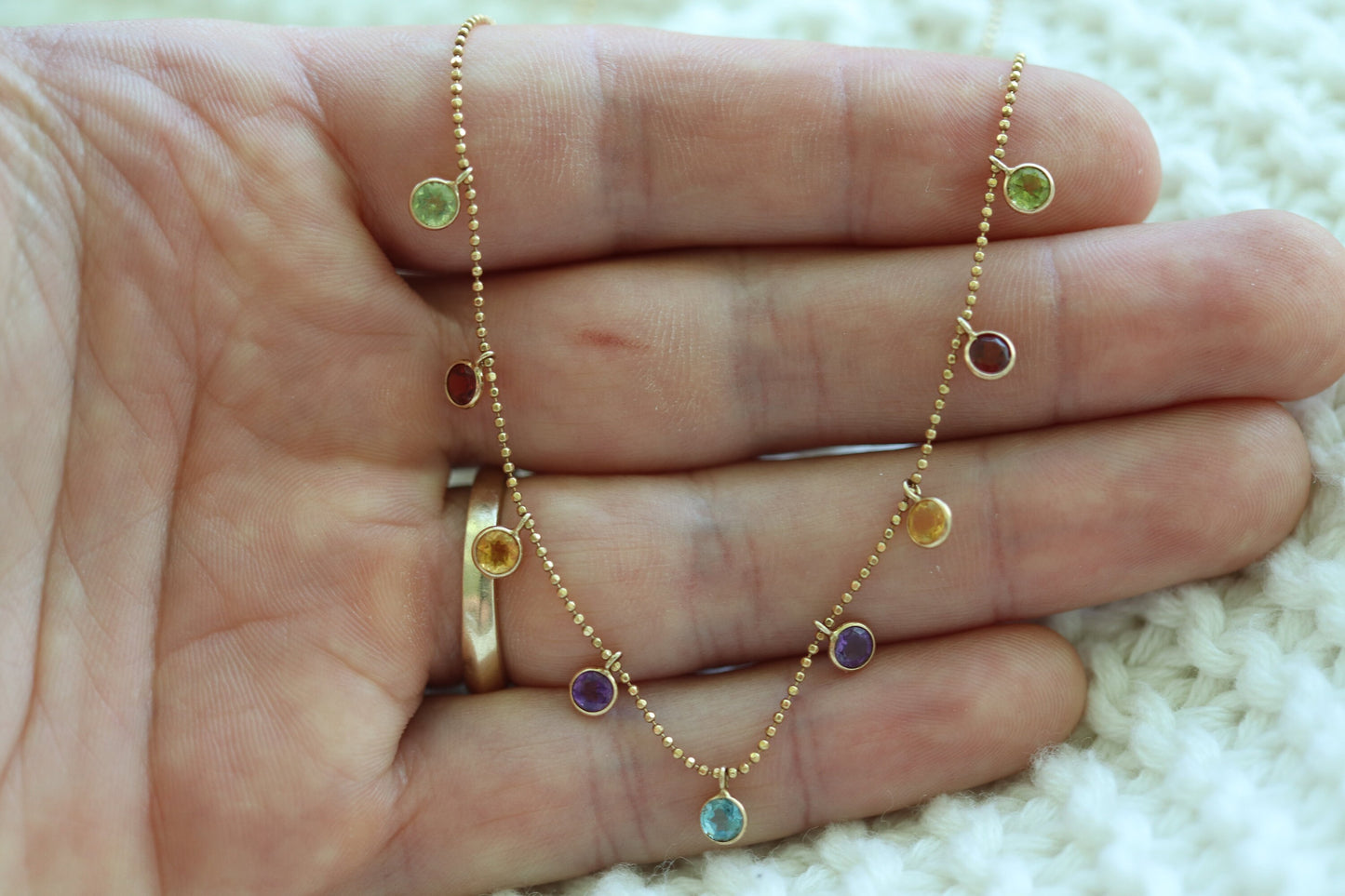 14k Bezel Gem Layered Necklace. Wonderful Dainty Dangling Candy Multi-Color Gem Necklace Chain. Topaz, Citrine, Garnet st(103/50)
