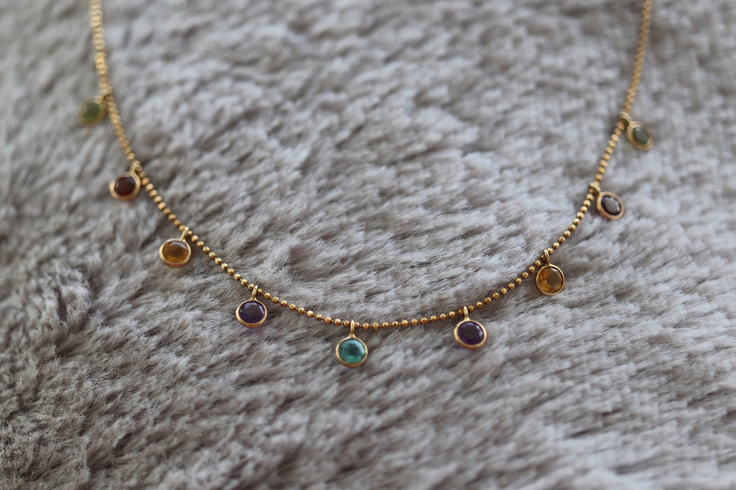14k Bezel Gem Layered Necklace. Wonderful Dainty Dangling Candy Multi-Color Gem Necklace Chain. Topaz, Citrine, Garnet st(103/50)