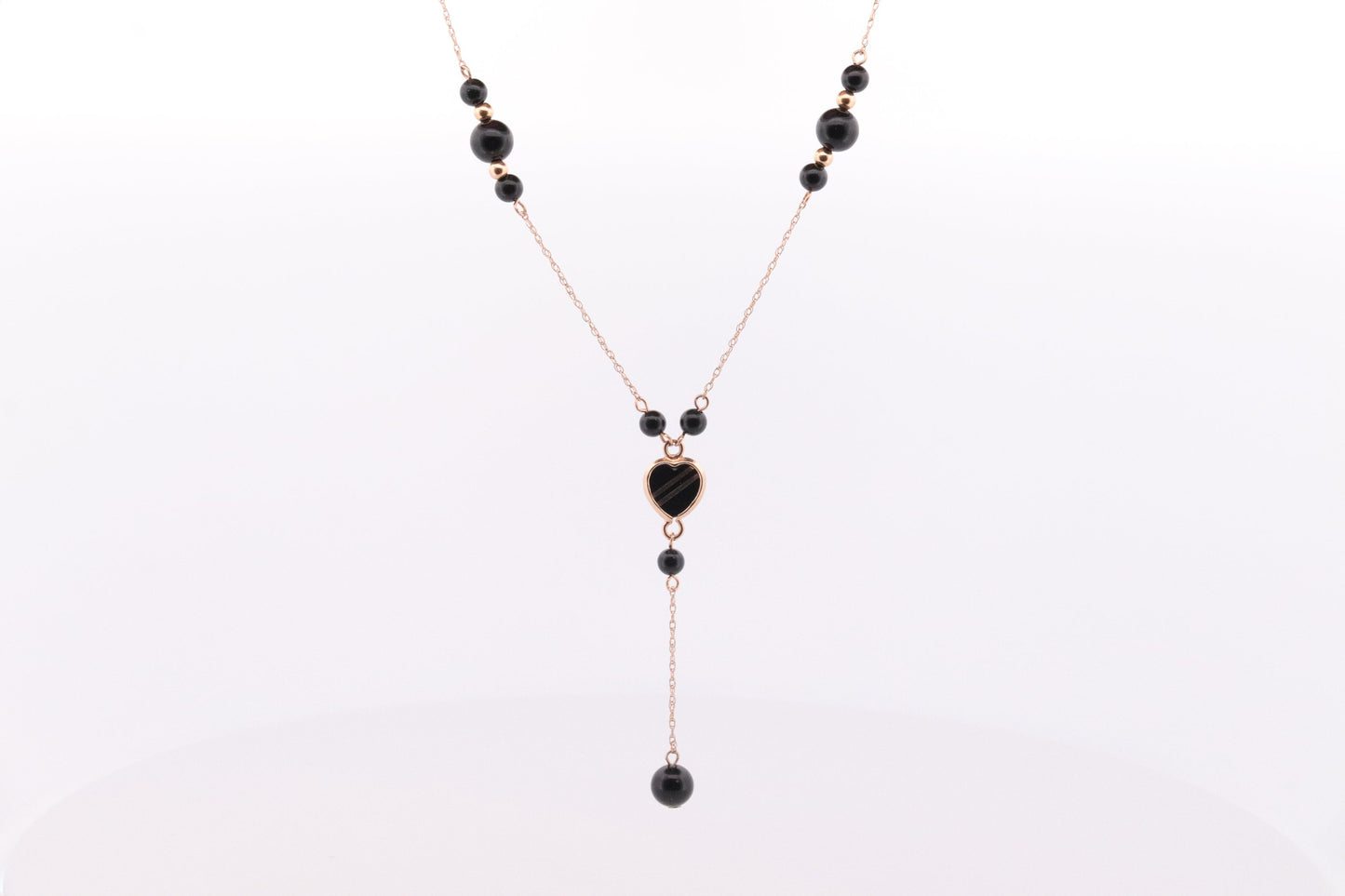 14k Onyx Bead Dangle Heart Necklace. 14k gold Onyx Beaded necklace st(46)