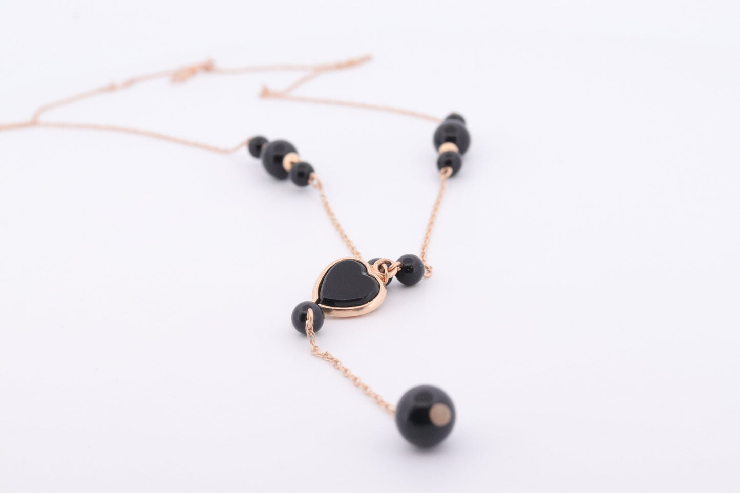 14k Onyx Bead Dangle Heart Necklace. 14k gold Onyx Beaded necklace st(46)