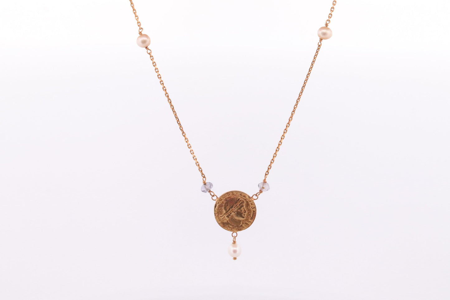 14k Gold Roman Coin Bead and Pearl Necklace. 14k Roman coin station Pearl 14k Necklace st(150)